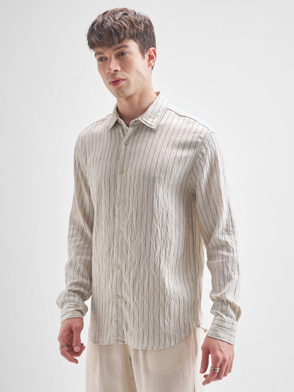 Highlander Men Cream Striped Relaxed Fit Casual Shirt - Cream - Image 4