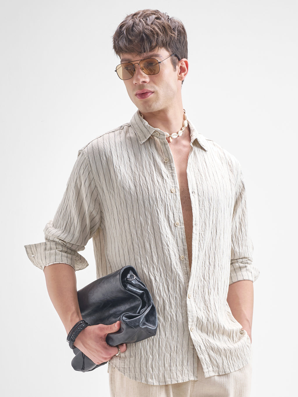 Highlander Men Cream Striped Relaxed Fit Casual Shirt - Cream - Image 6