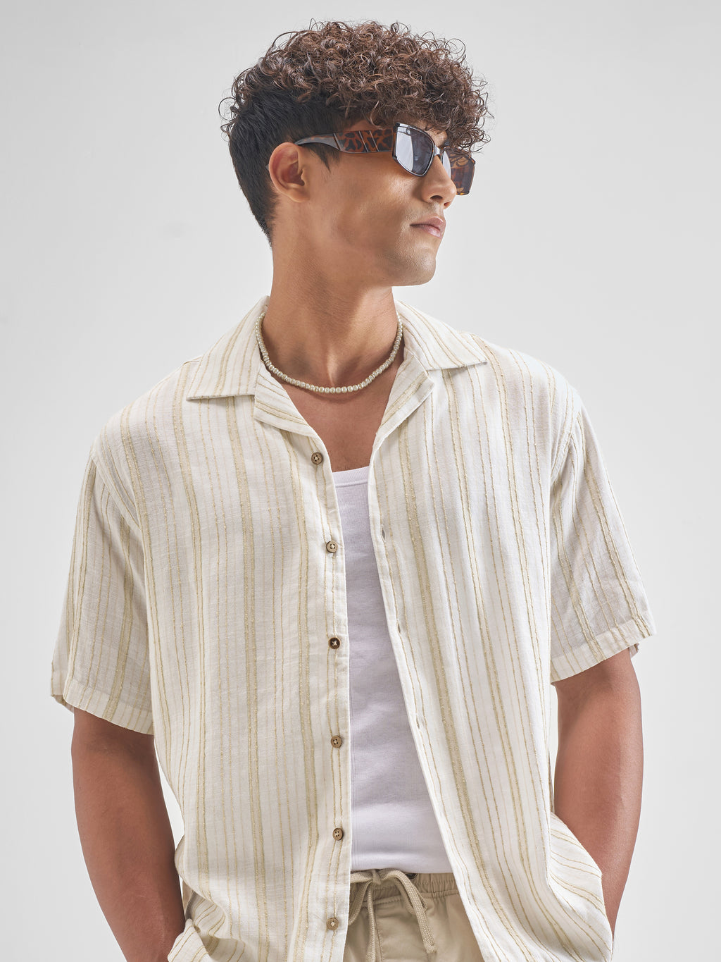 Highlander Men Cream Striped Relaxed Fit Casual Shirt - Cream - Image 1