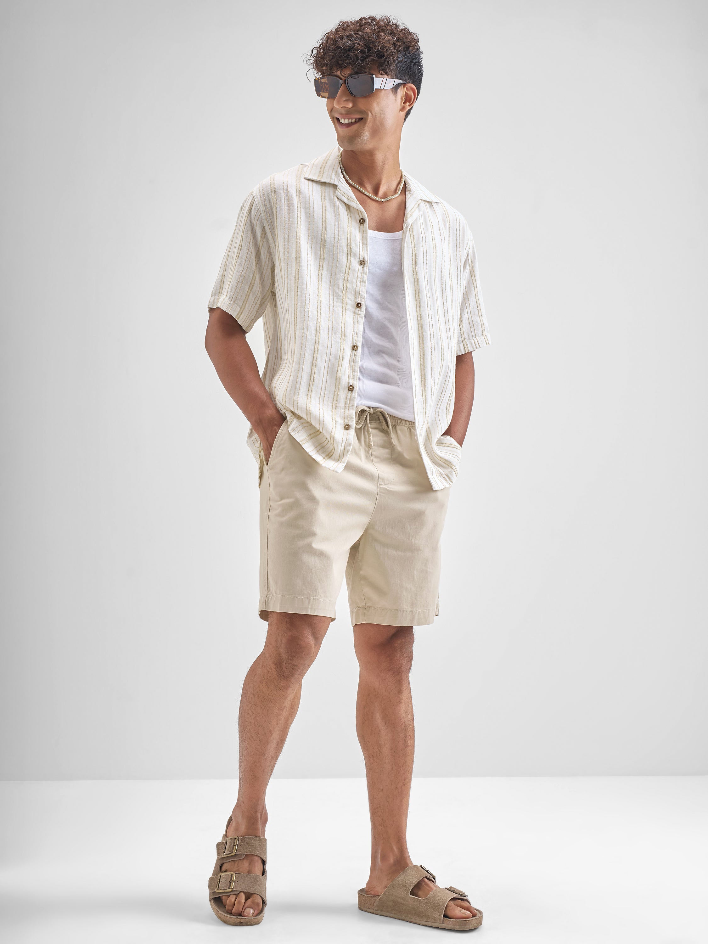 Highlander Men Cream Striped Relaxed Fit Casual Shirt - Cream - Image 2