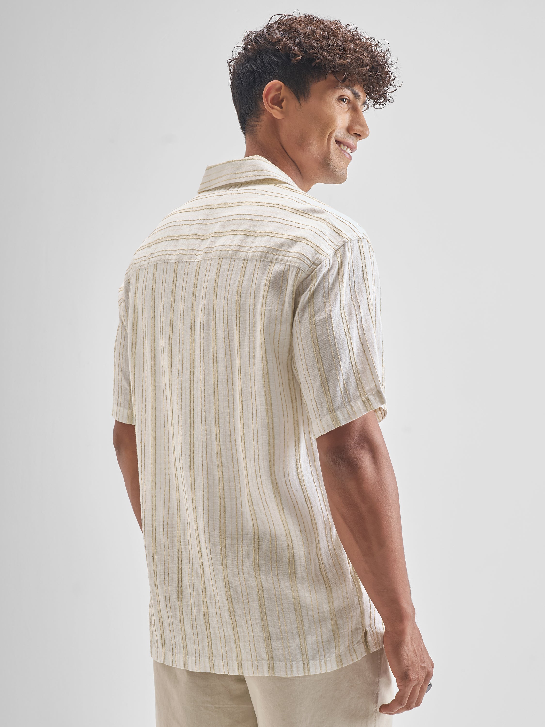 Highlander Men Cream Striped Relaxed Fit Casual Shirt - Cream - Image 3
