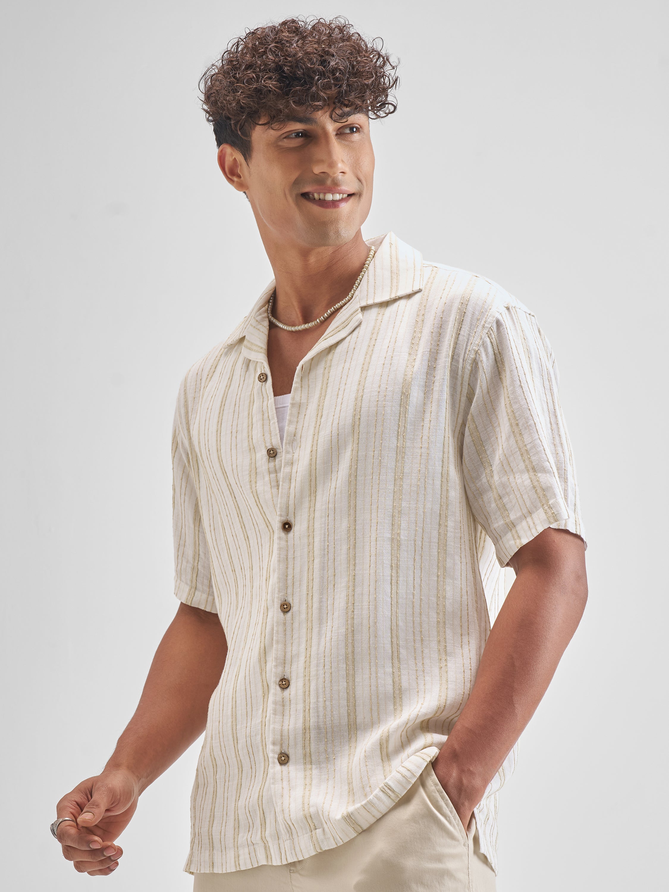Highlander Men Cream Striped Relaxed Fit Casual Shirt - Cream - Image 4