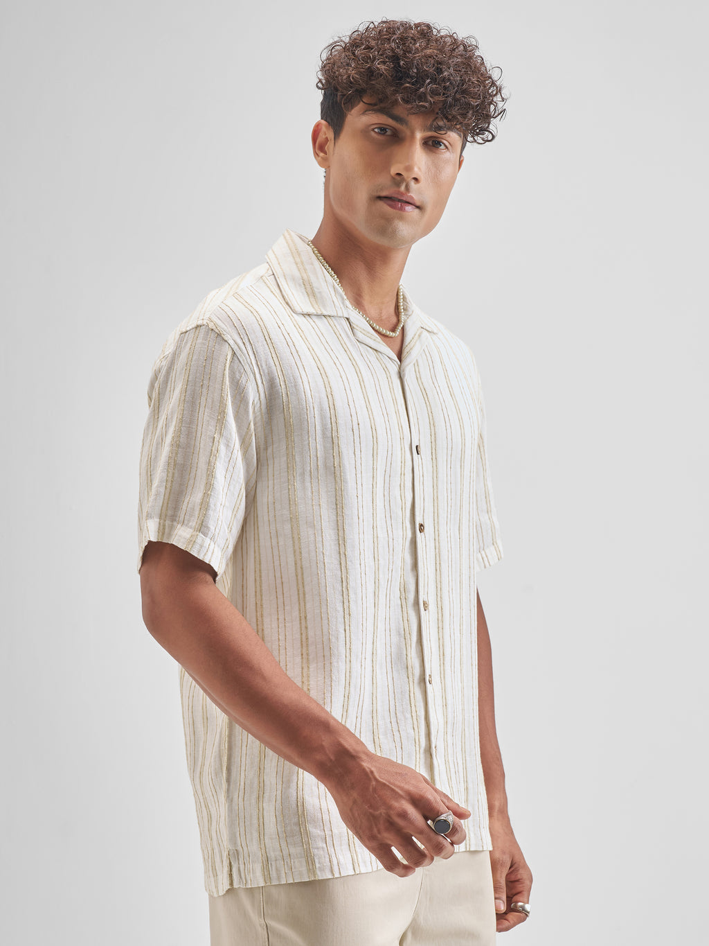 Highlander Men Cream Striped Relaxed Fit Casual Shirt - Cream - Image 6