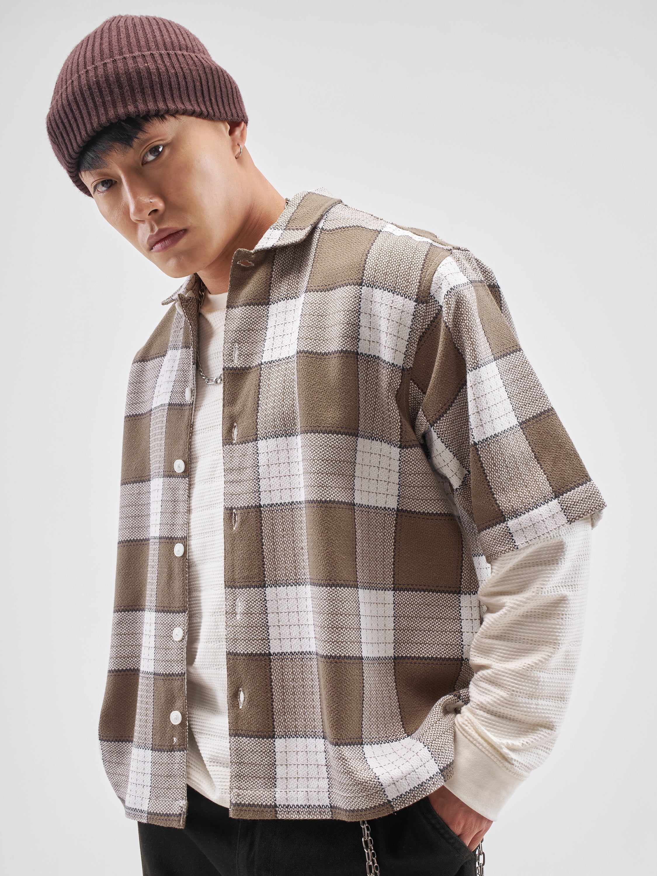 Highlander Men Brown Checked Boxy Fit Casual Shirt - Brown - Image 4