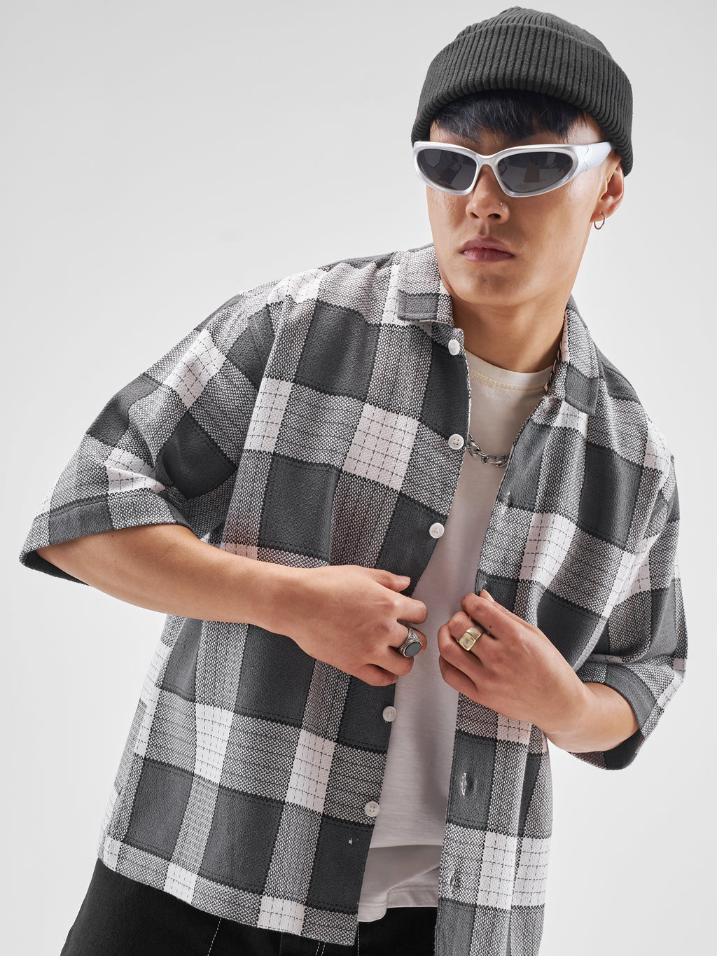 Highlander Men Grey Checked Boxy Fit Casual Shirt - Grey - Image 1