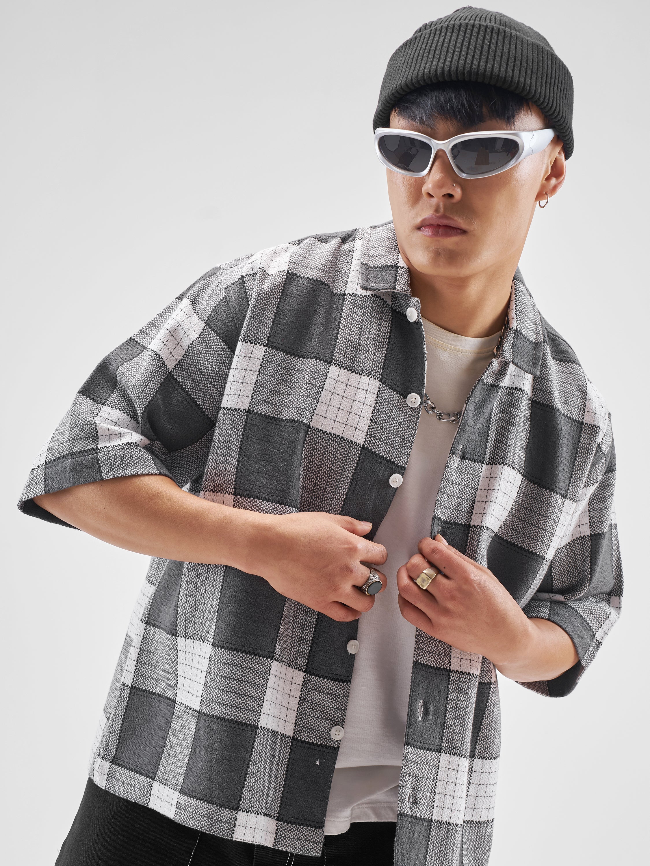 Highlander Men Grey Checked Boxy Fit Casual Shirt - Grey - Image 1