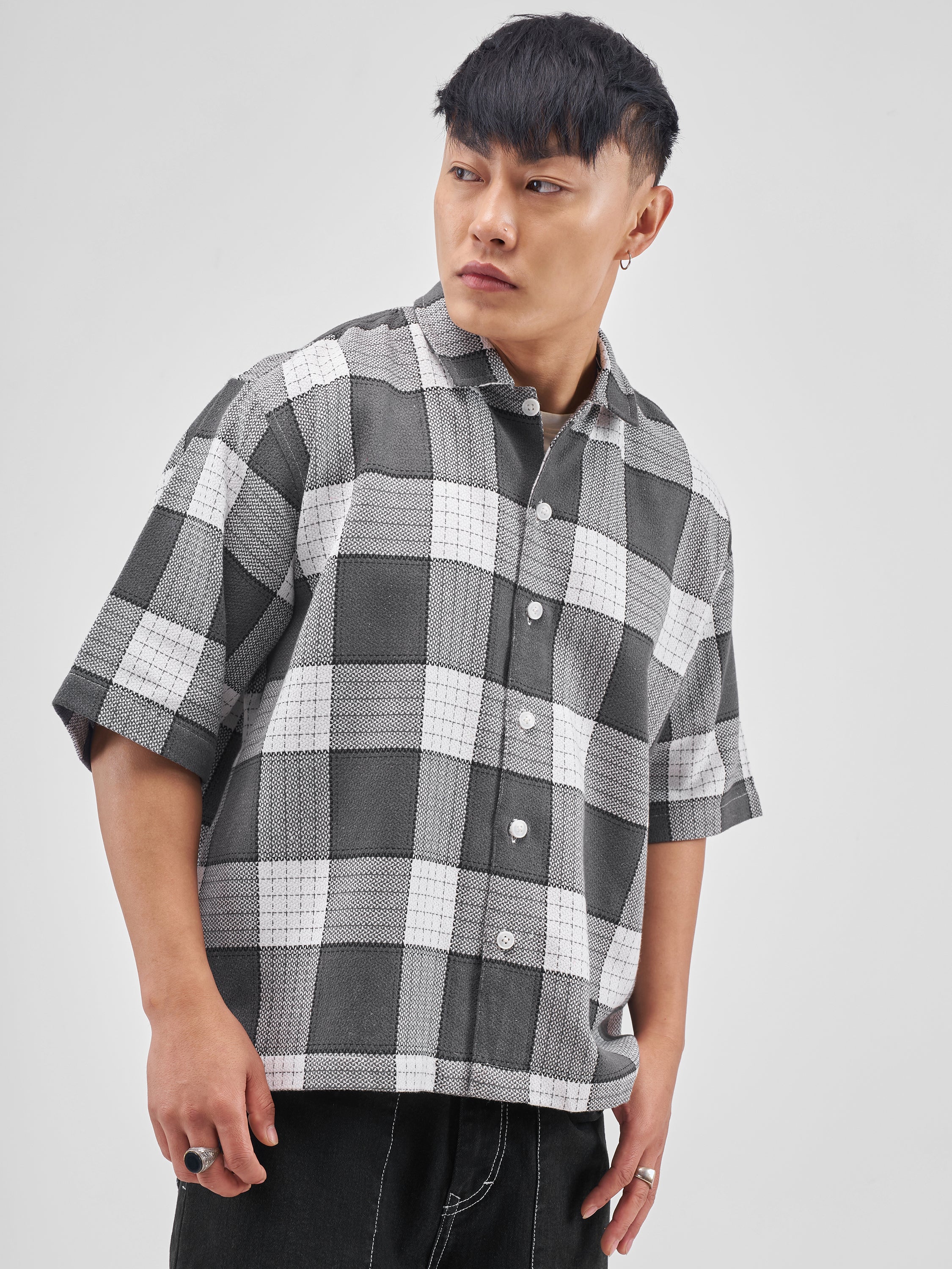 Highlander Men Grey Checked Boxy Fit Casual Shirt - Grey - Image 6