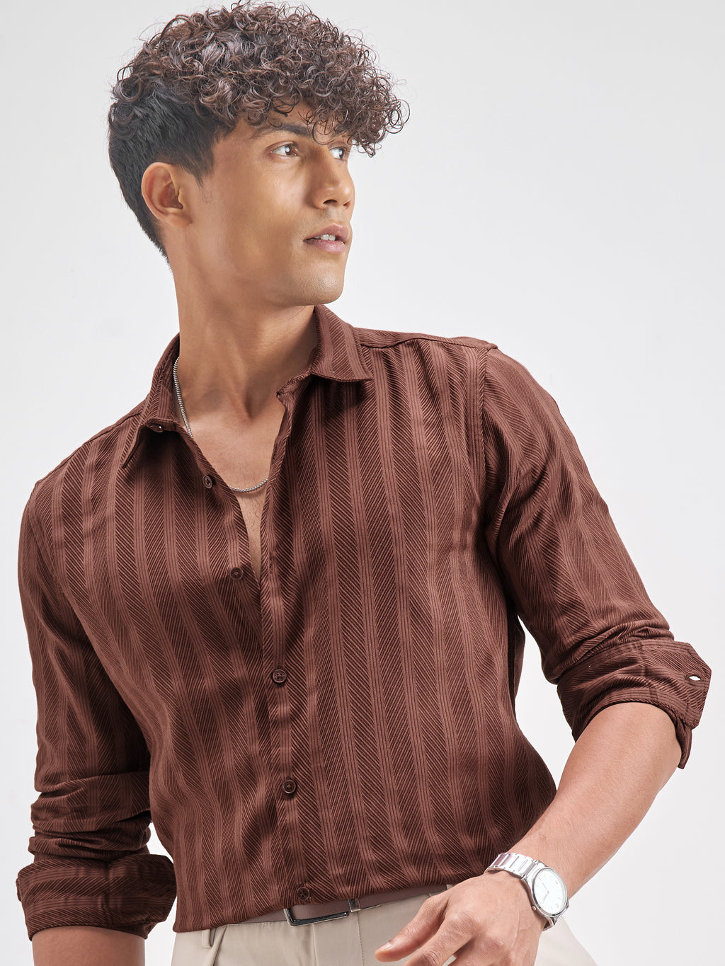 Highlander Men Rust Striped Slim Fit Casual Shirt - Rust - Image 1