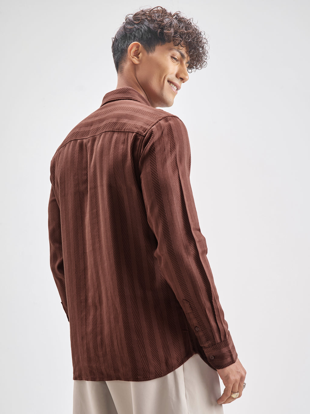 Highlander Men Rust Striped Slim Fit Casual Shirt - Rust - Image 3