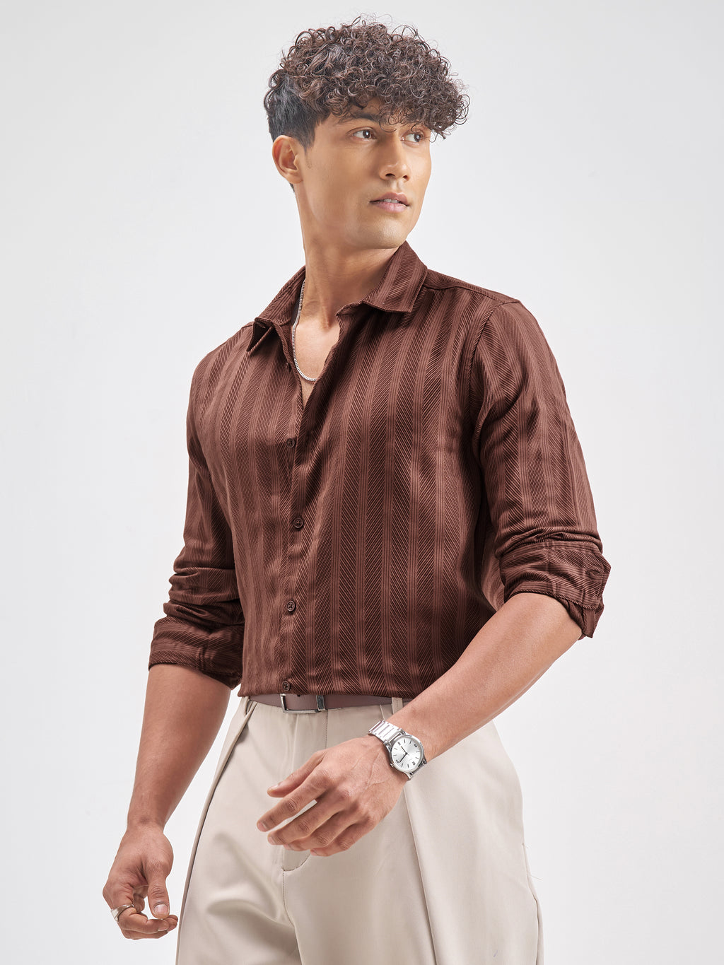Highlander Men Rust Striped Slim Fit Casual Shirt - Rust - Image 4
