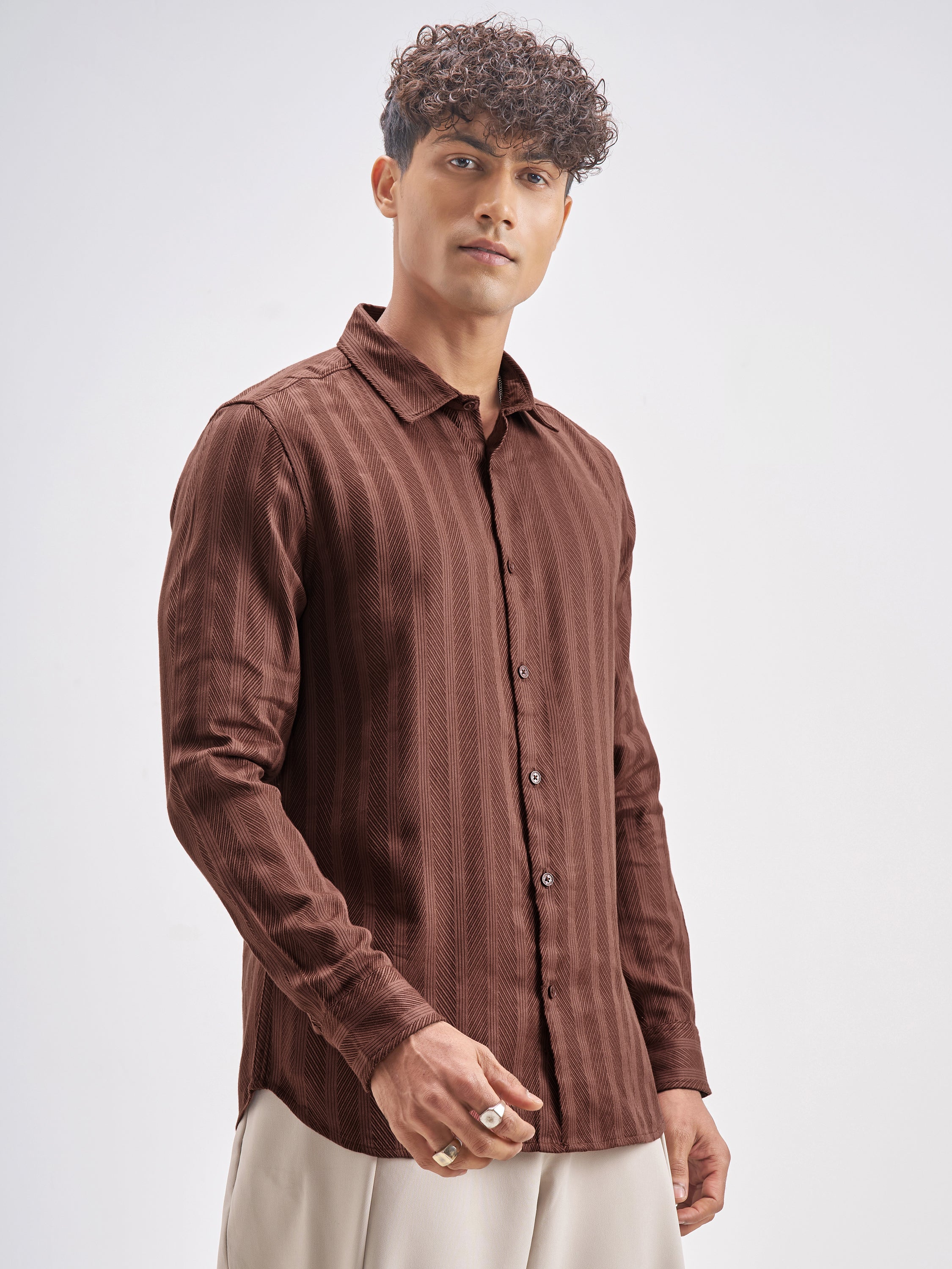 Highlander Men Rust Striped Slim Fit Casual Shirt - Rust - Image 6