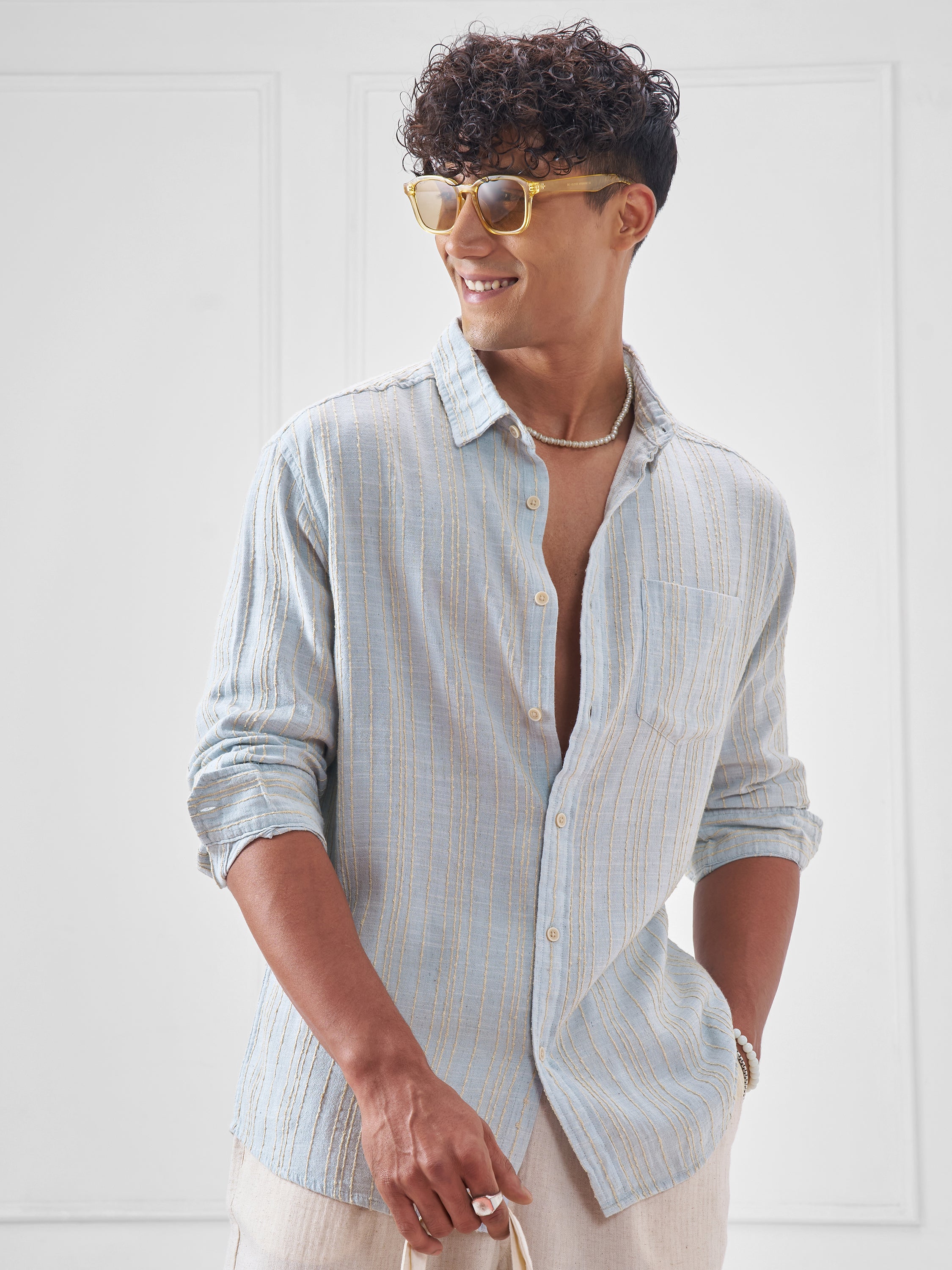 Highlander Men Blue Striped Oversized Fit Casual Shirt - Blue - Image 1