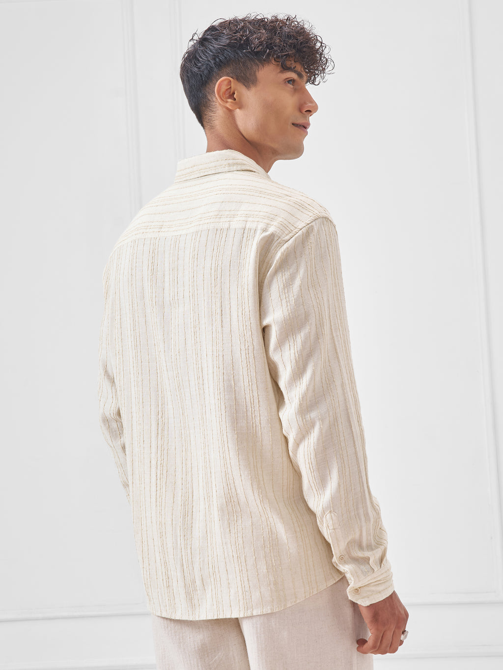 Highlander Men Beige Self Design Oversized Fit Casual Shirt - Beige - Image 3