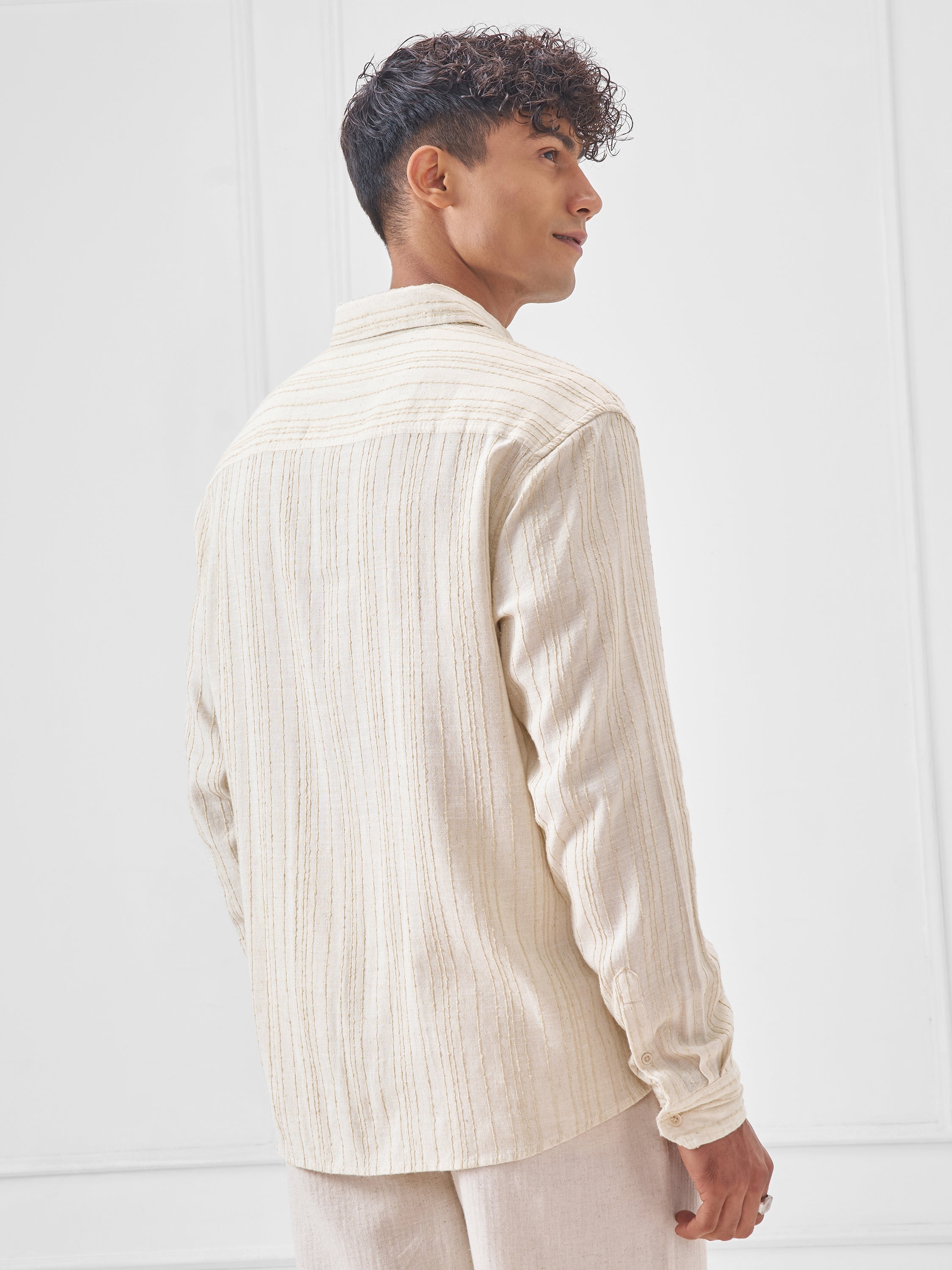 Highlander Men Beige Self Design Oversized Fit Casual Shirt - Beige - Image 3