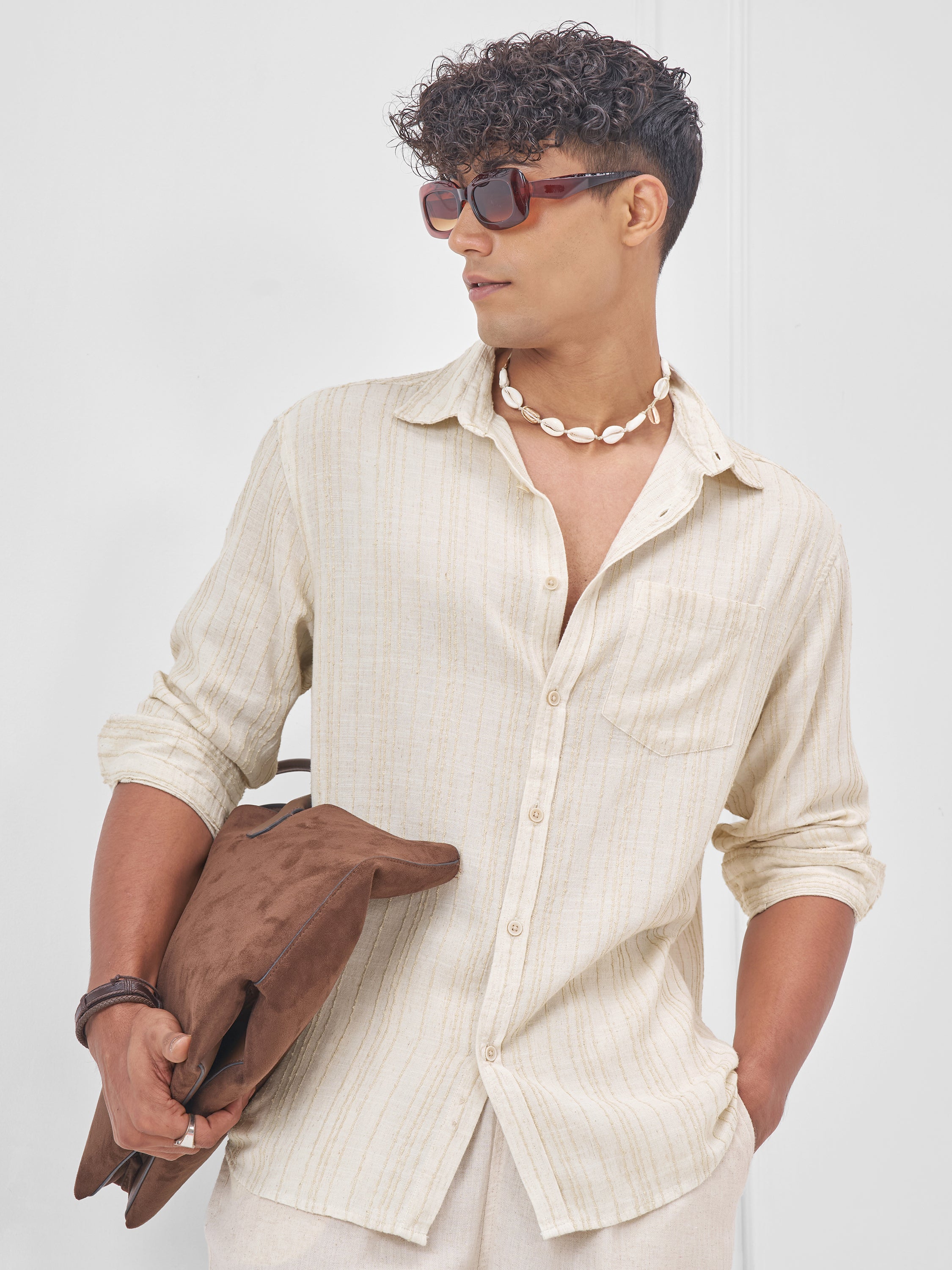 Highlander Men Beige Self Design Oversized Fit Casual Shirt - Beige - Image 4