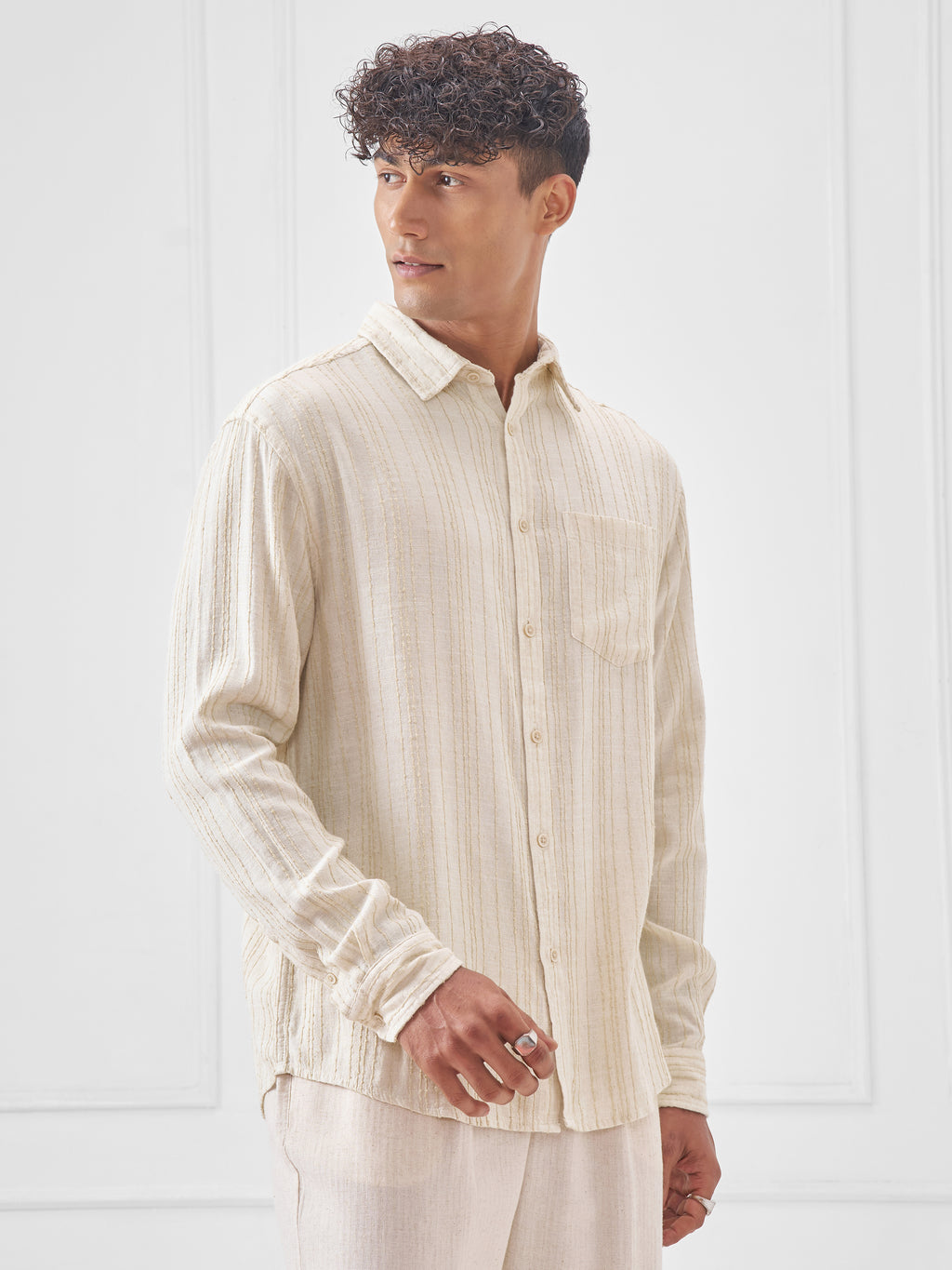 Highlander Men Beige Self Design Oversized Fit Casual Shirt - Beige - Image 6