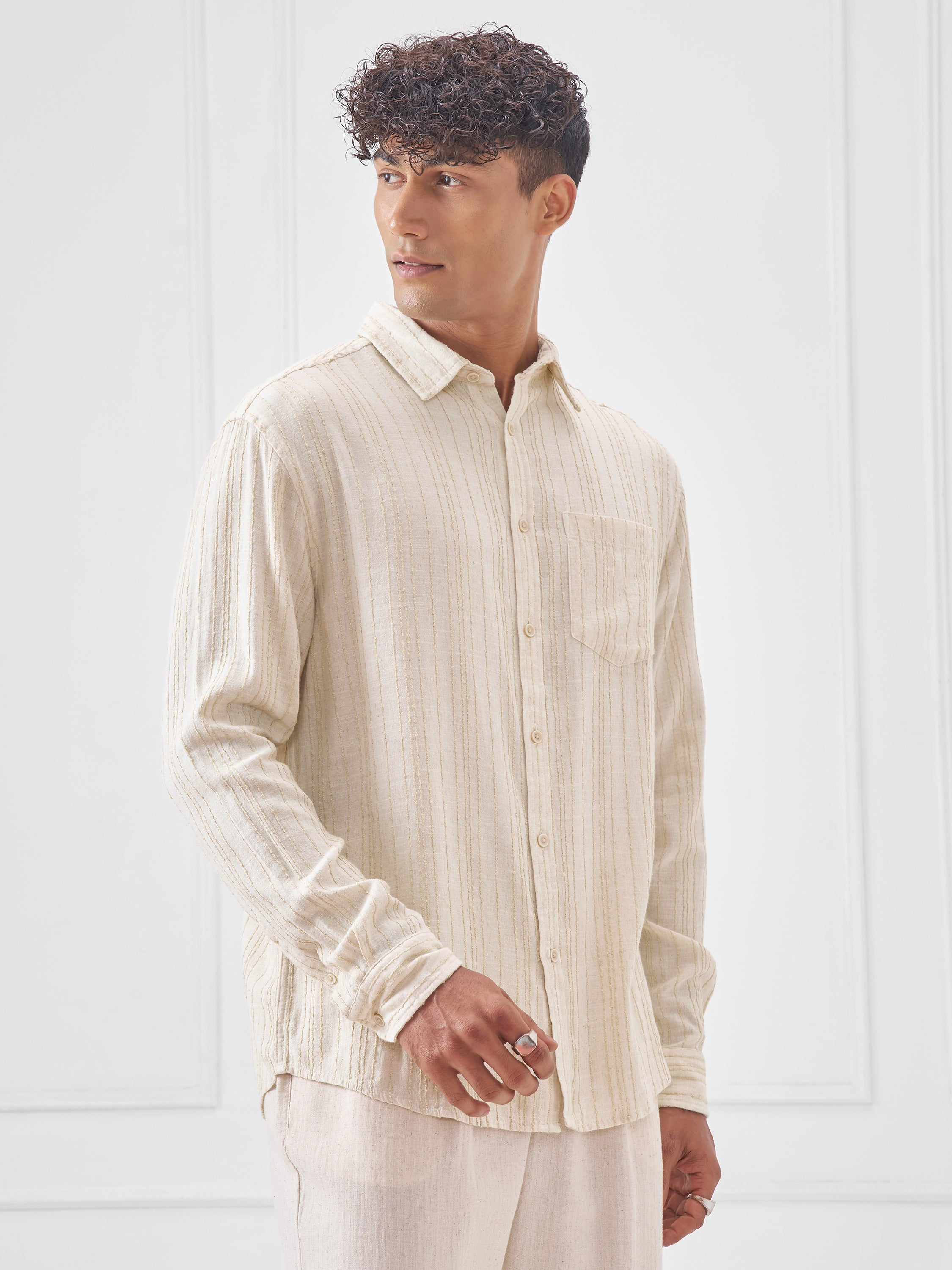 Highlander Men Beige Self Design Oversized Fit Casual Shirt - Beige - Image 6