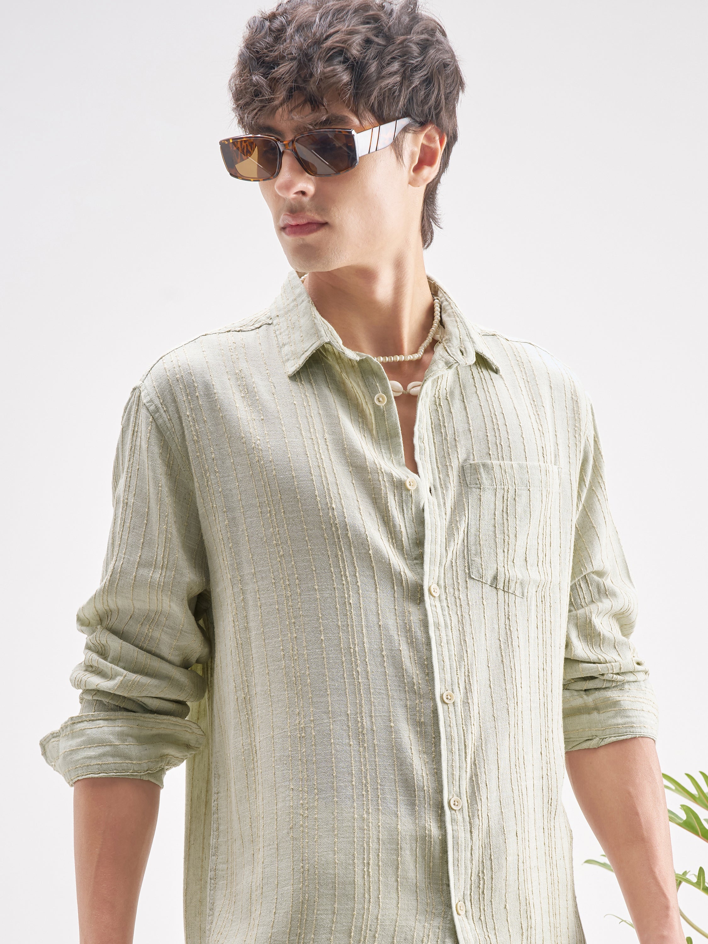 Highlander Men Green Self Design Regular Fit Casual Shirt - Green - Image 1
