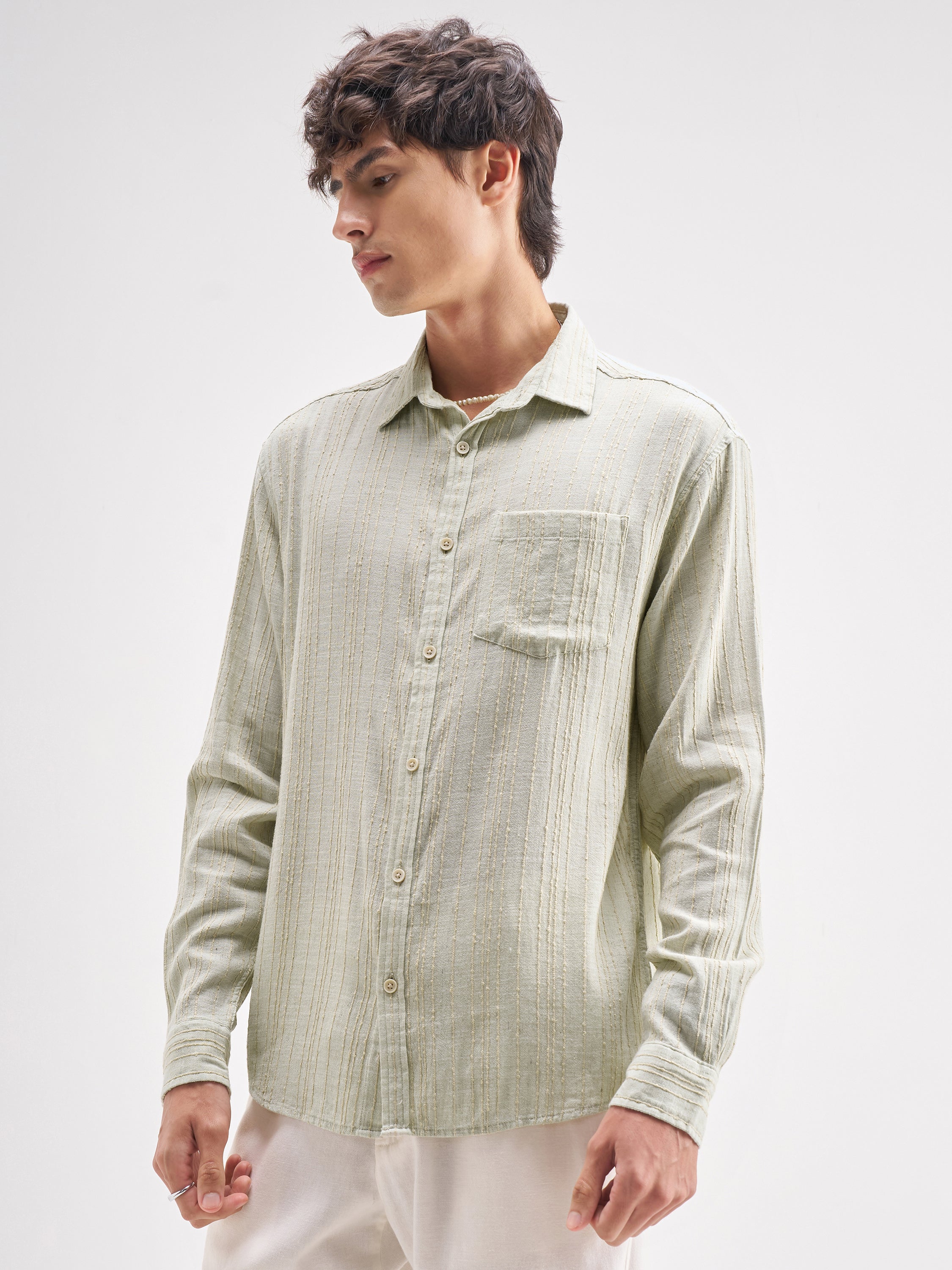 Highlander Men Green Self Design Regular Fit Casual Shirt - Green - Image 4