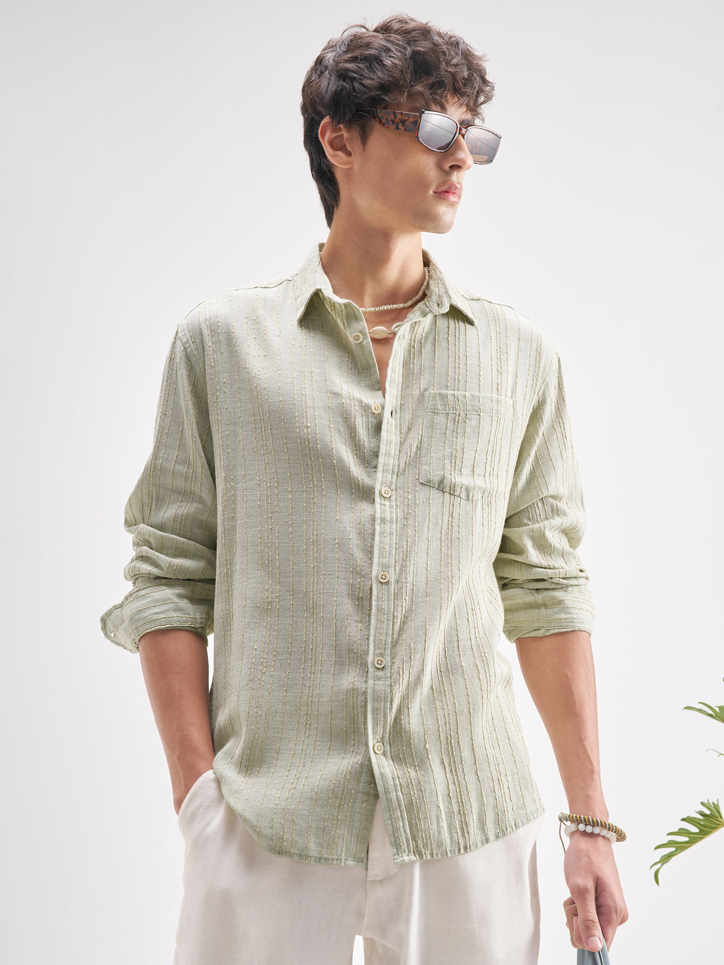 Highlander Men Green Self Design Regular Fit Casual Shirt - Green - Image 6