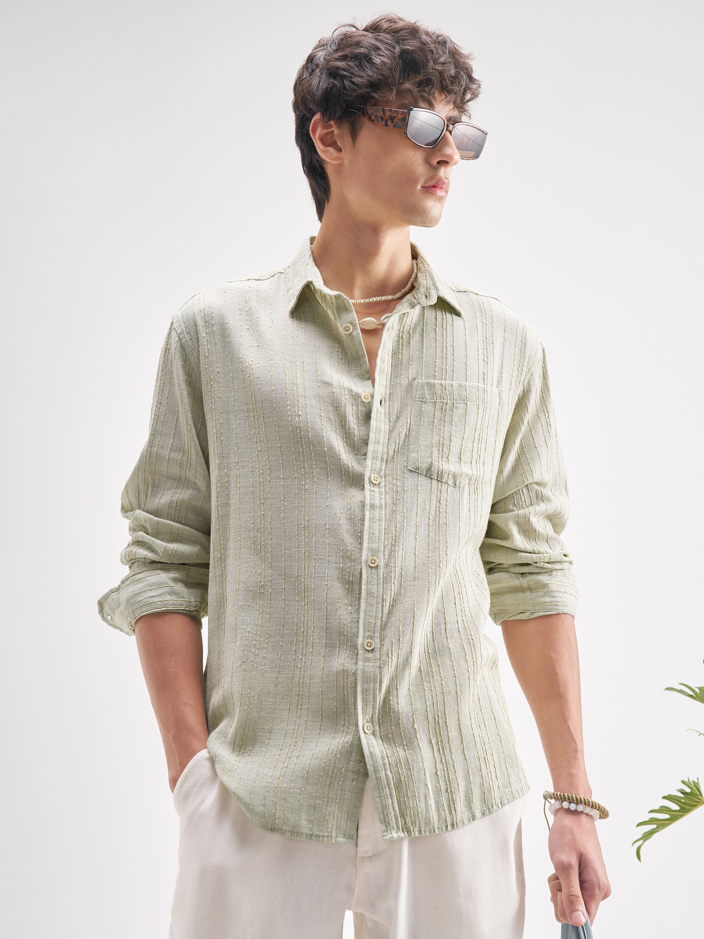 Highlander Men Green Self Design Regular Fit Casual Shirt - Green - Image 6