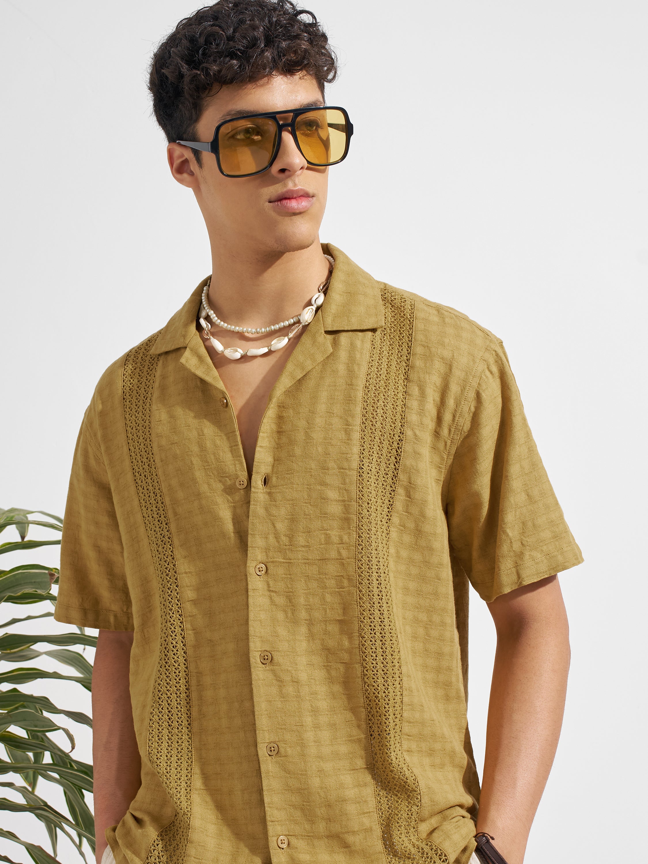 Highlander Men Mustard Self Design Relaxed Fit Casual Shirt