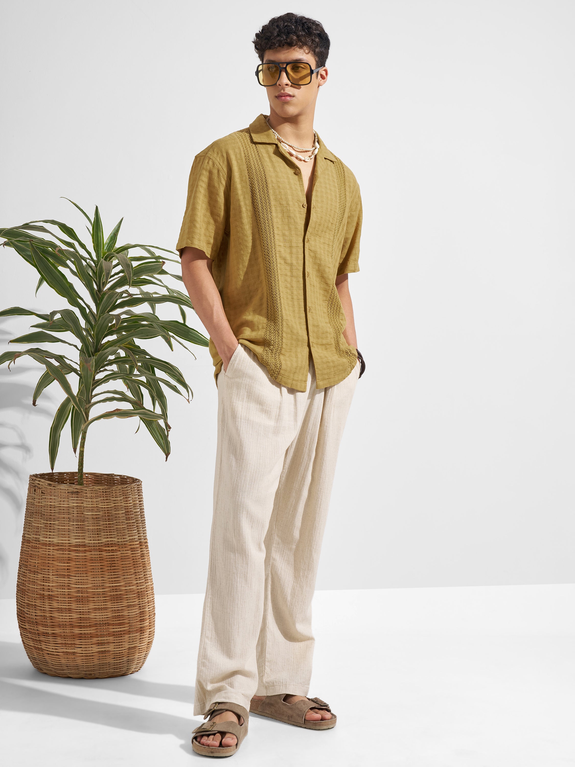 Highlander Men Mustard Self Design Relaxed Fit Casual Shirt