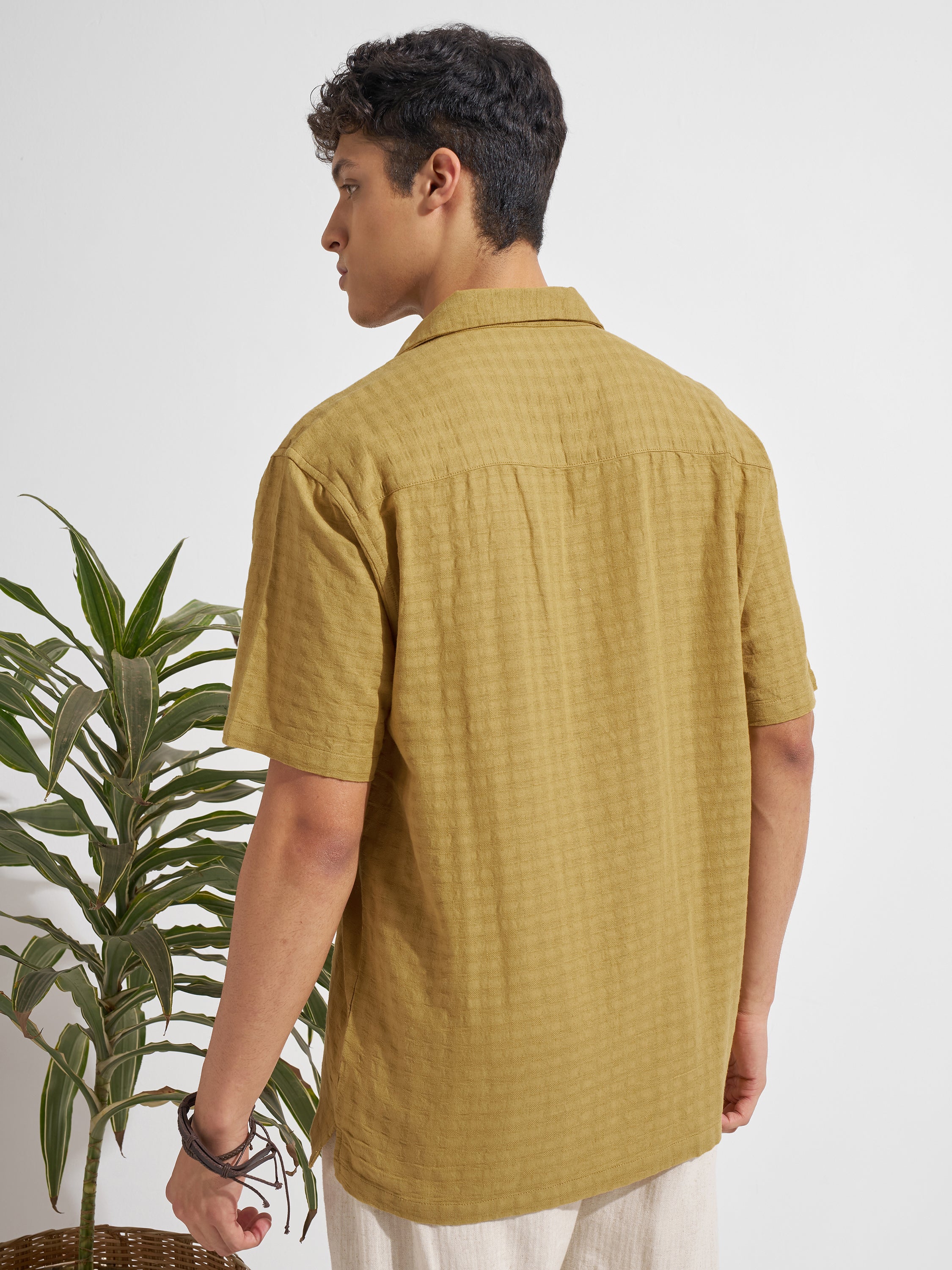 Highlander Men Mustard Self Design Relaxed Fit Casual Shirt