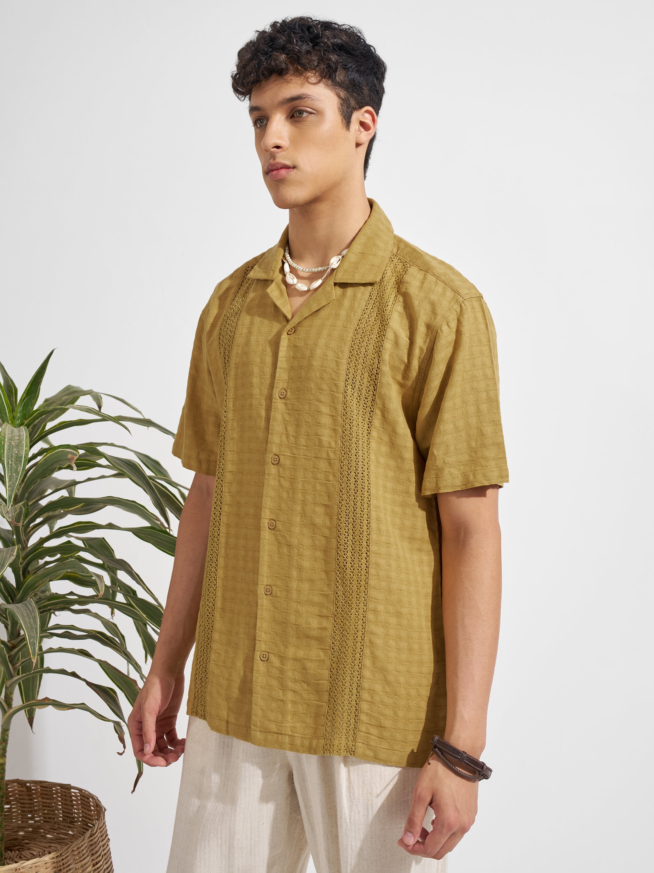 Highlander Men Mustard Self Design Relaxed Fit Casual Shirt