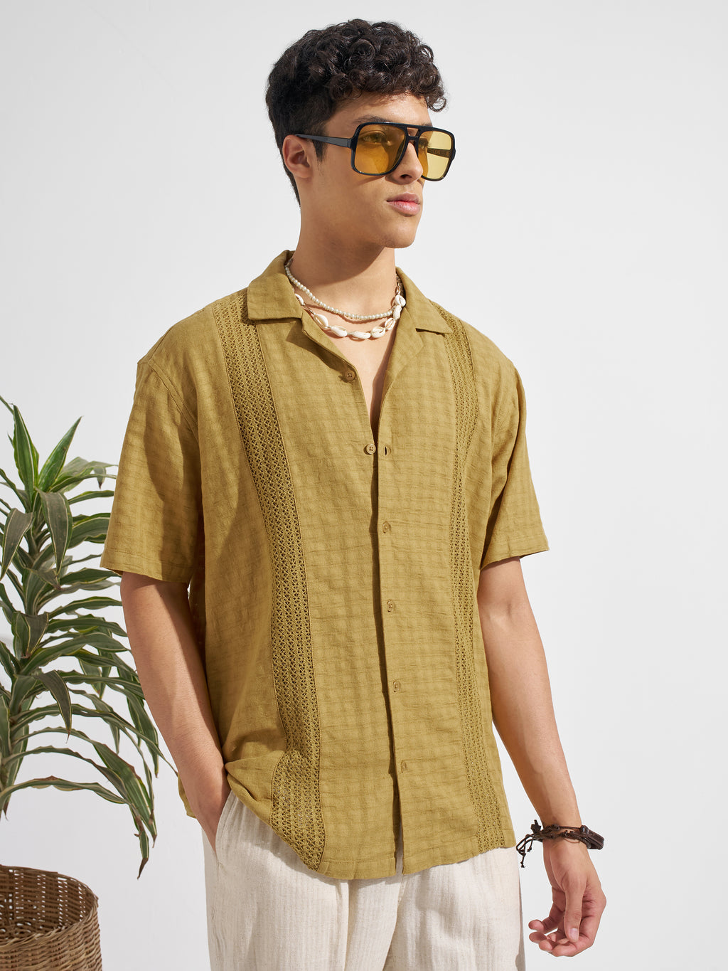 Highlander Men Mustard Self Design Relaxed Fit Casual Shirt