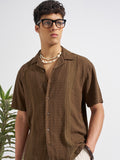 Highlander Men Brown Self Design Relaxed Fit Casual Shirt