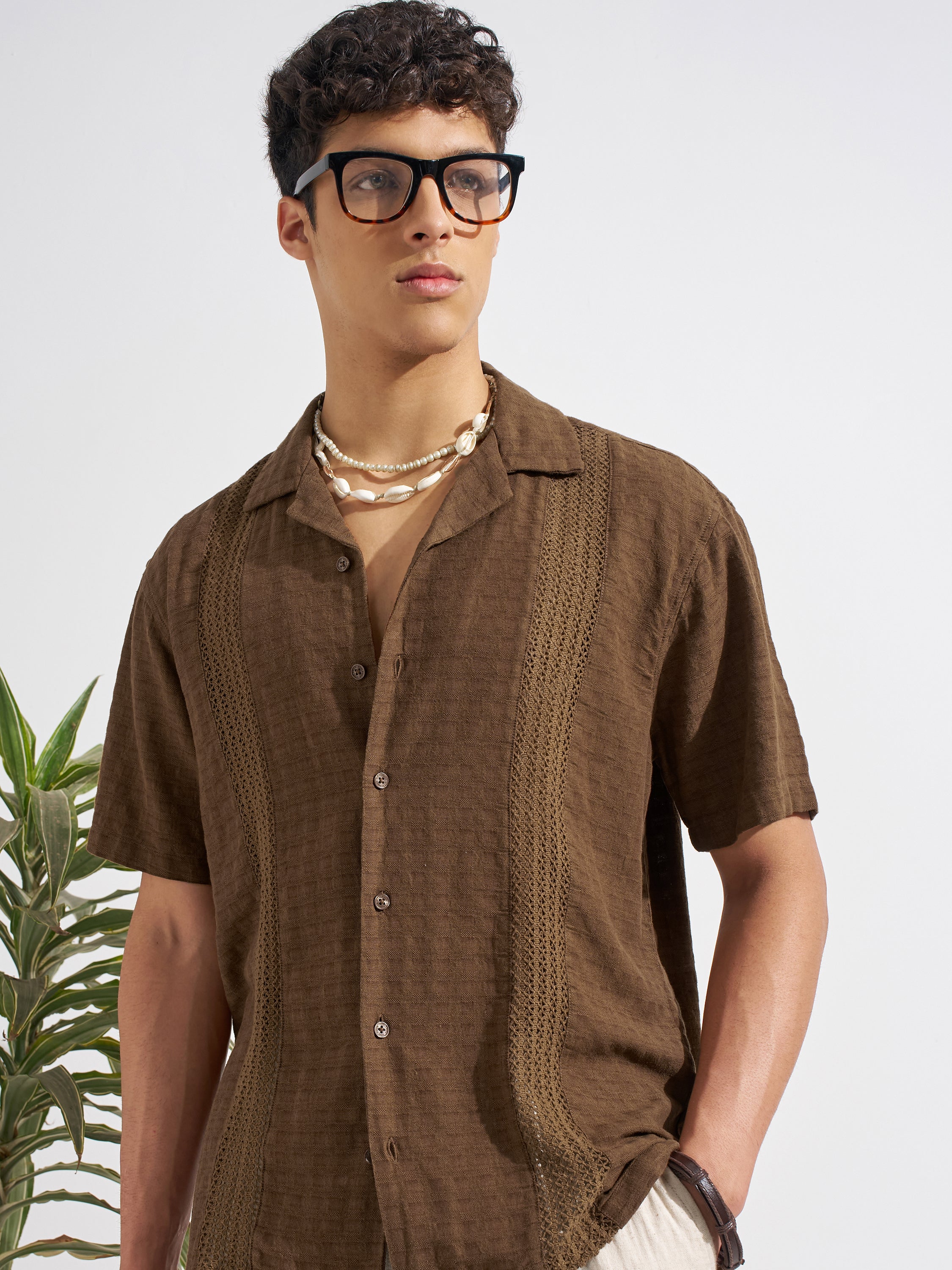 Highlander Men Brown Self Design Relaxed Fit Casual Shirt