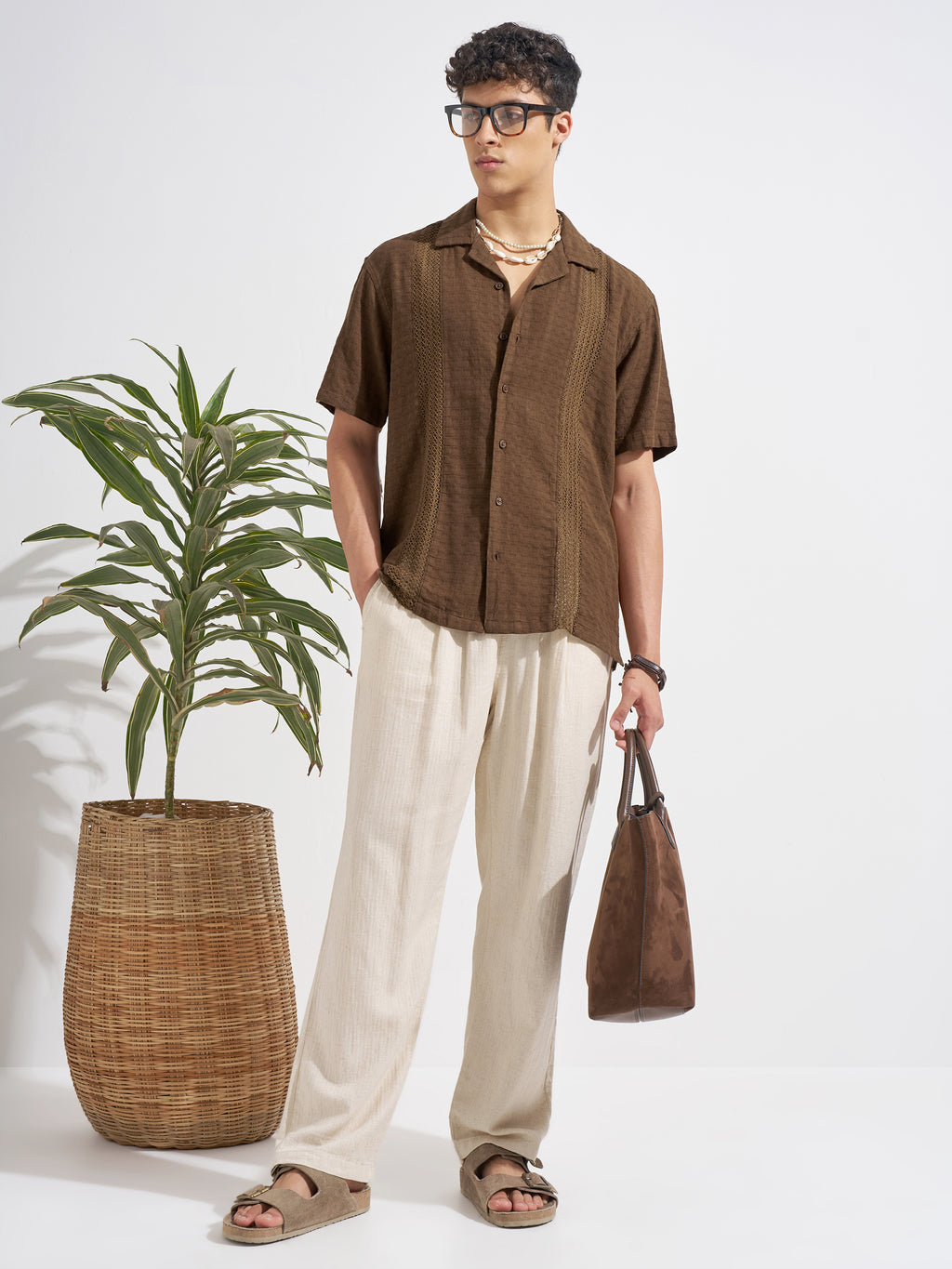 Highlander Men Brown Self Design Relaxed Fit Casual Shirt