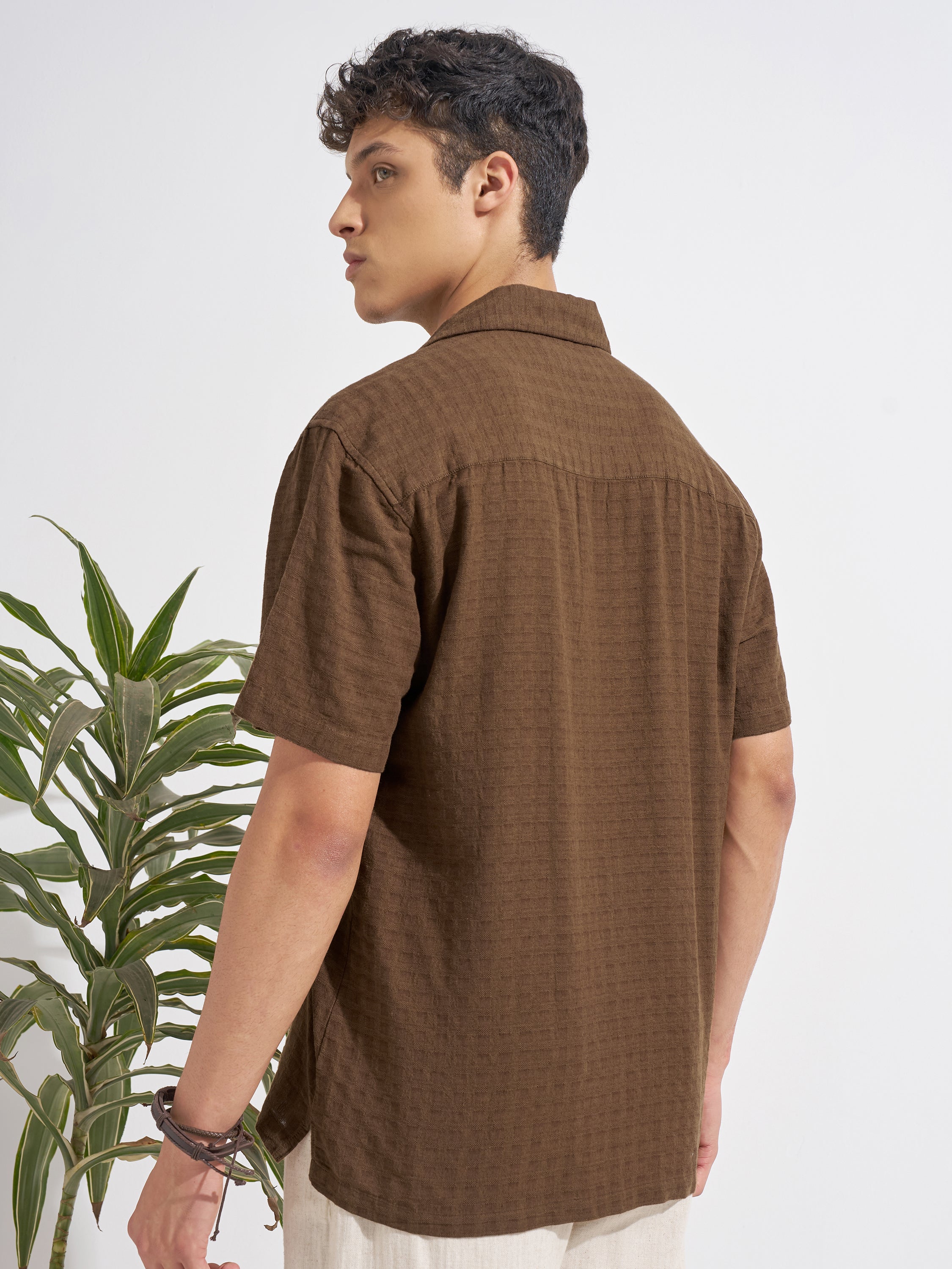 Highlander Men Brown Self Design Relaxed Fit Casual Shirt