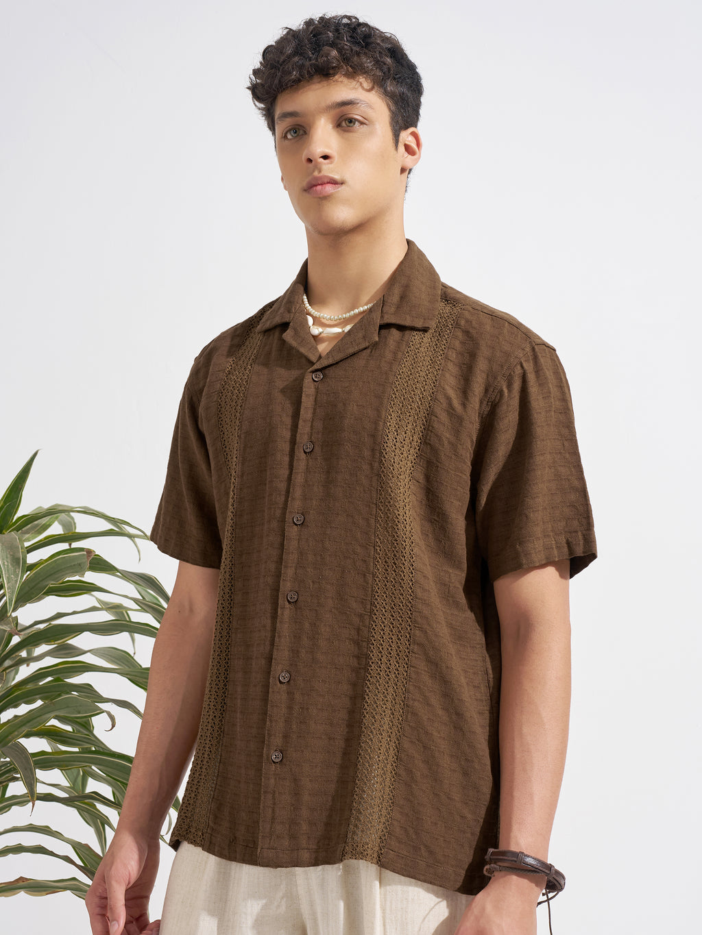 Highlander Men Brown Self Design Relaxed Fit Casual Shirt
