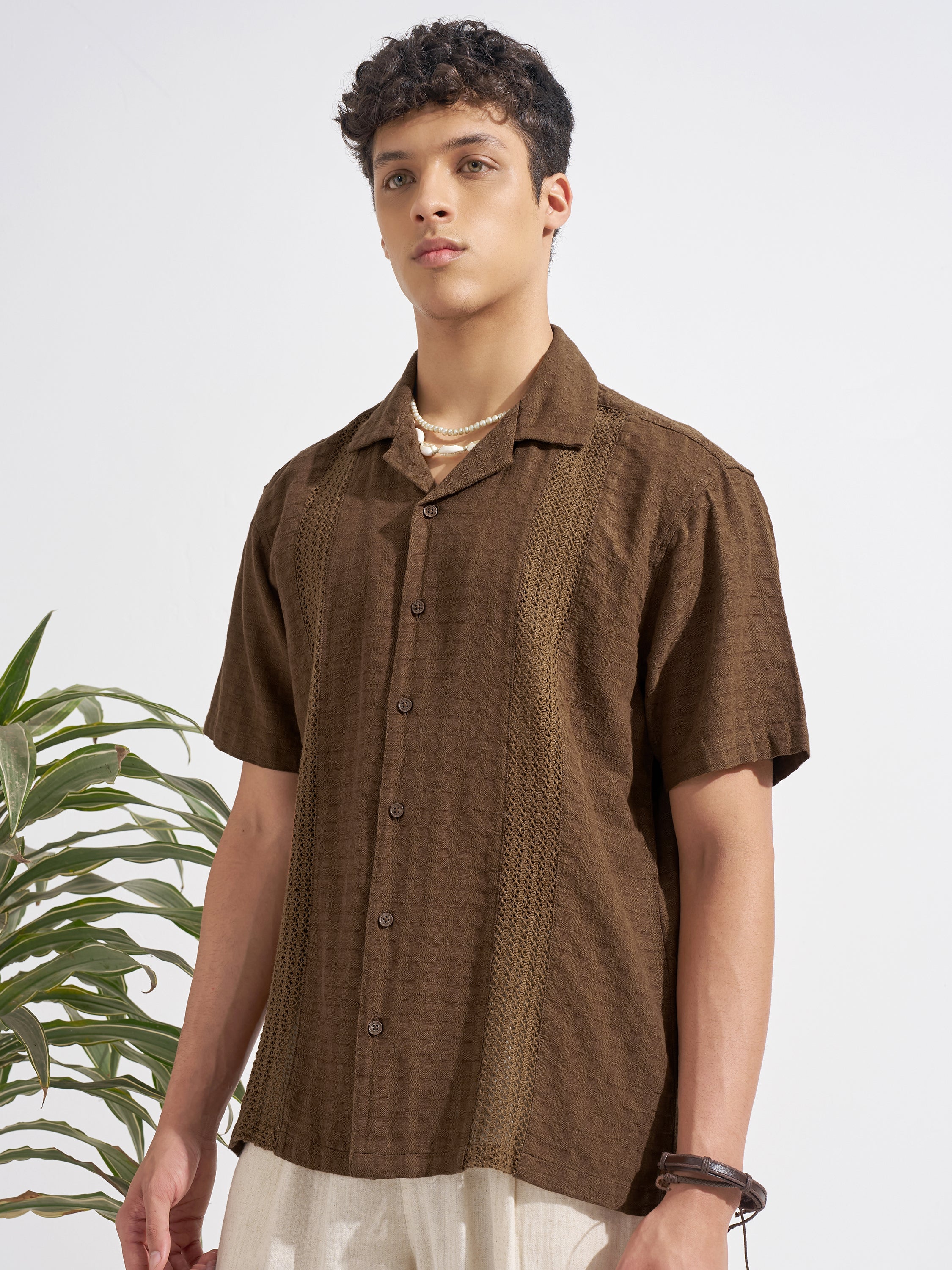 Highlander Men Brown Self Design Relaxed Fit Casual Shirt