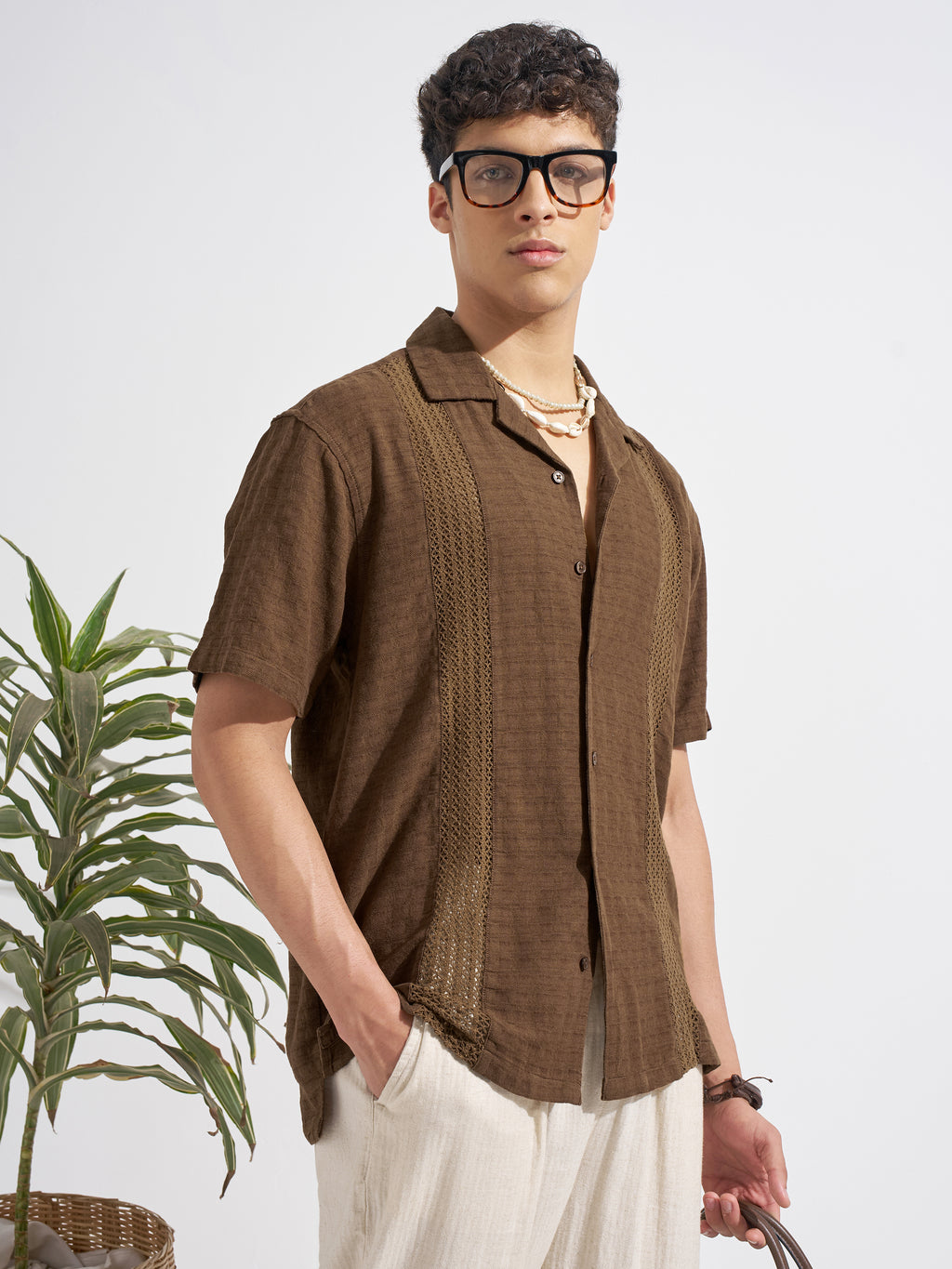 Highlander Men Brown Self Design Relaxed Fit Casual Shirt