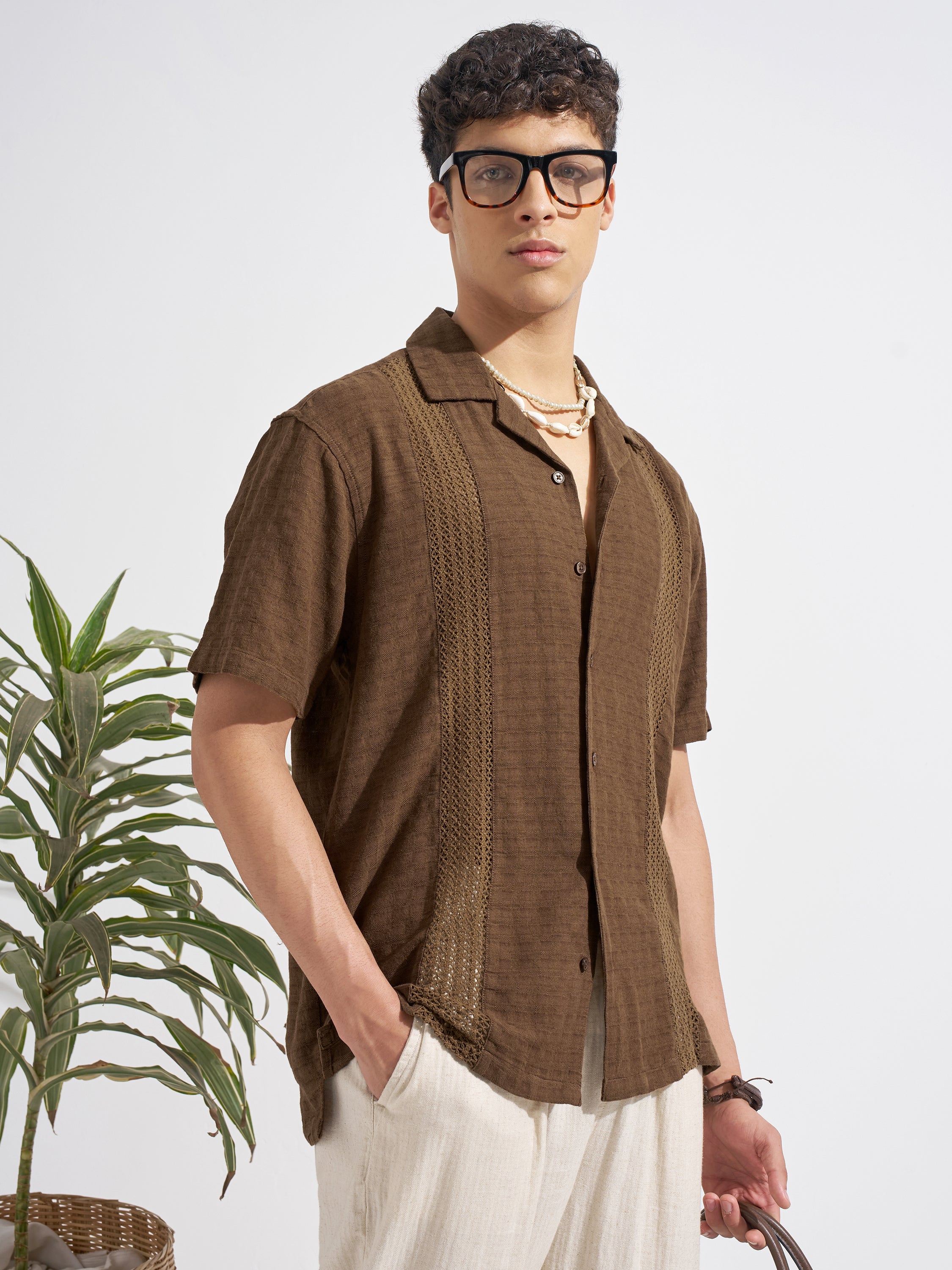 Highlander Men Brown Self Design Relaxed Fit Casual Shirt