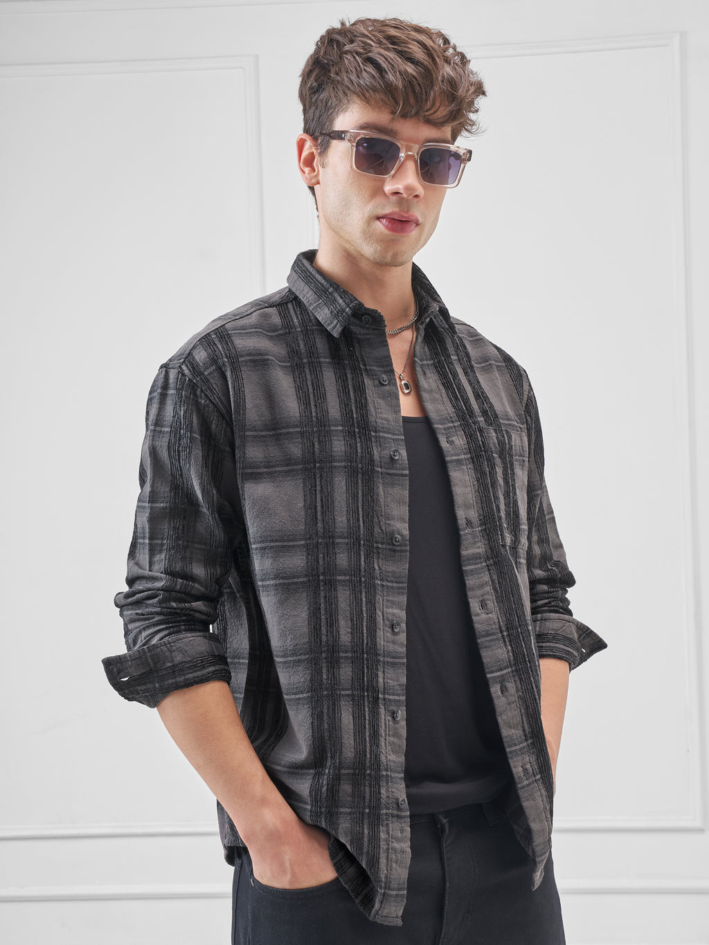 Highlander Men Grey Checked Relaxed Fit Casual Shirt - Grey - Image 6