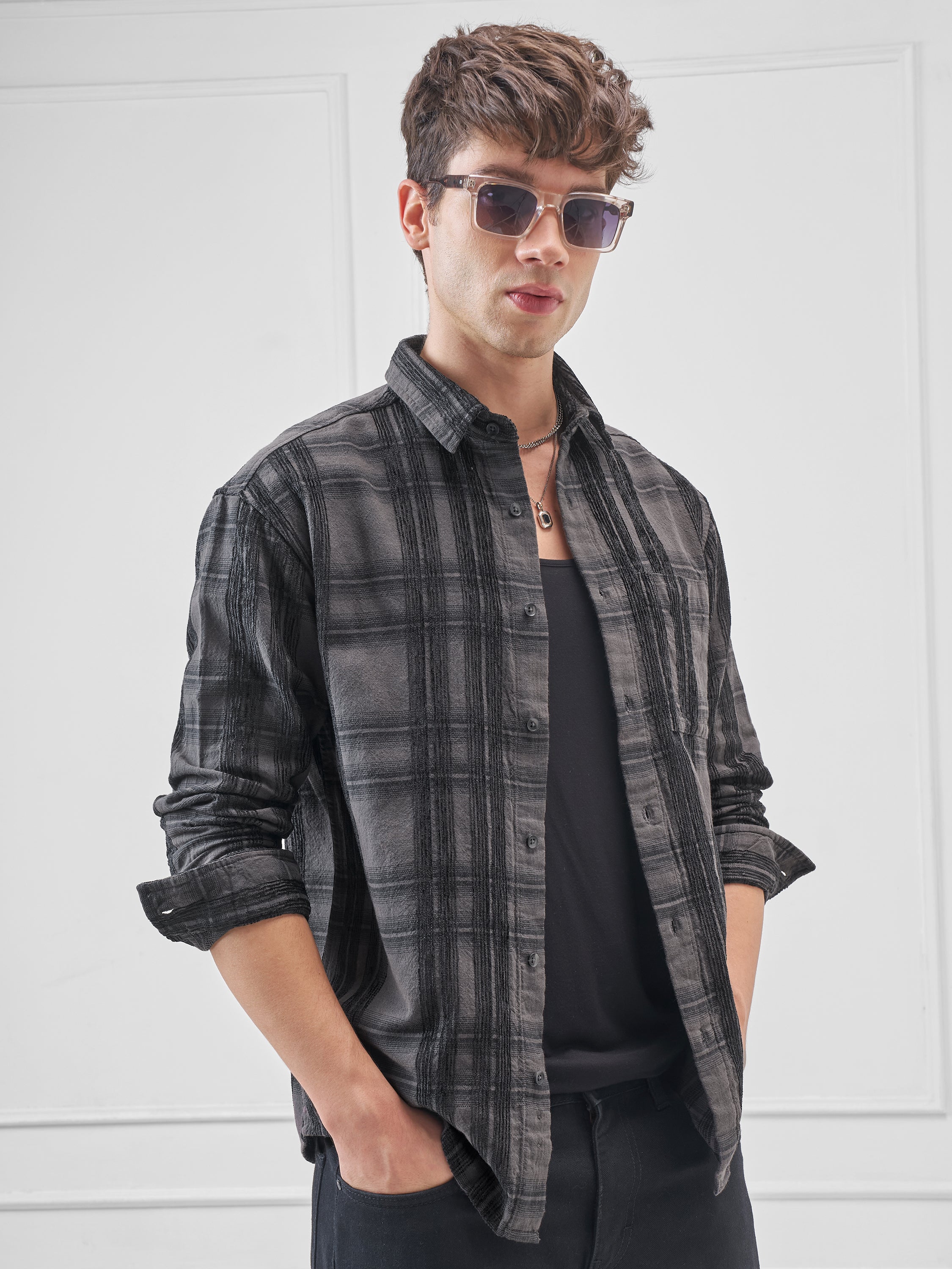 Highlander Men Grey Checked Relaxed Fit Casual Shirt - Grey - Image 6