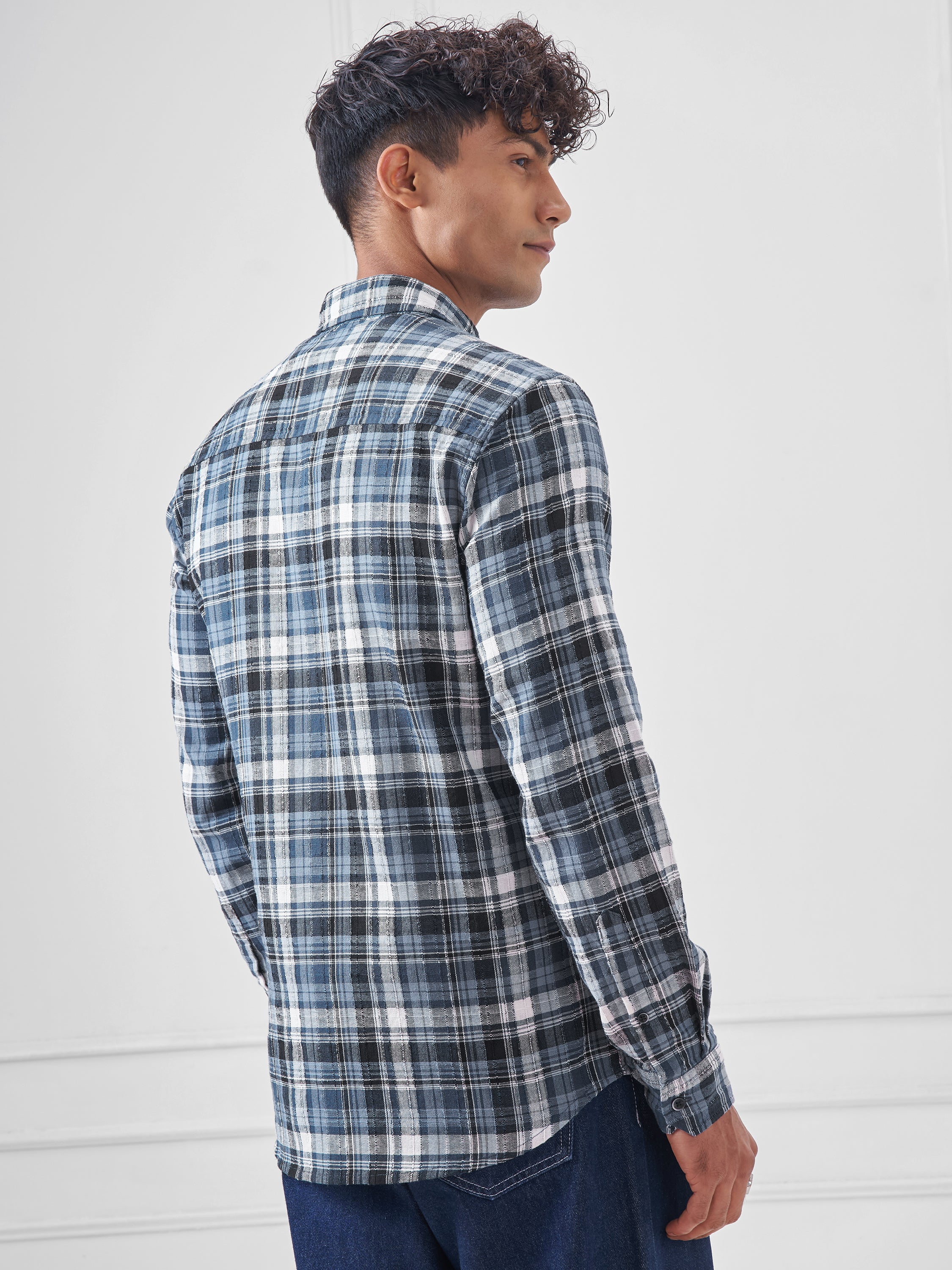 Highlander Men Blue Checked Slim Fit Casual Shirt - Blue - Image 3