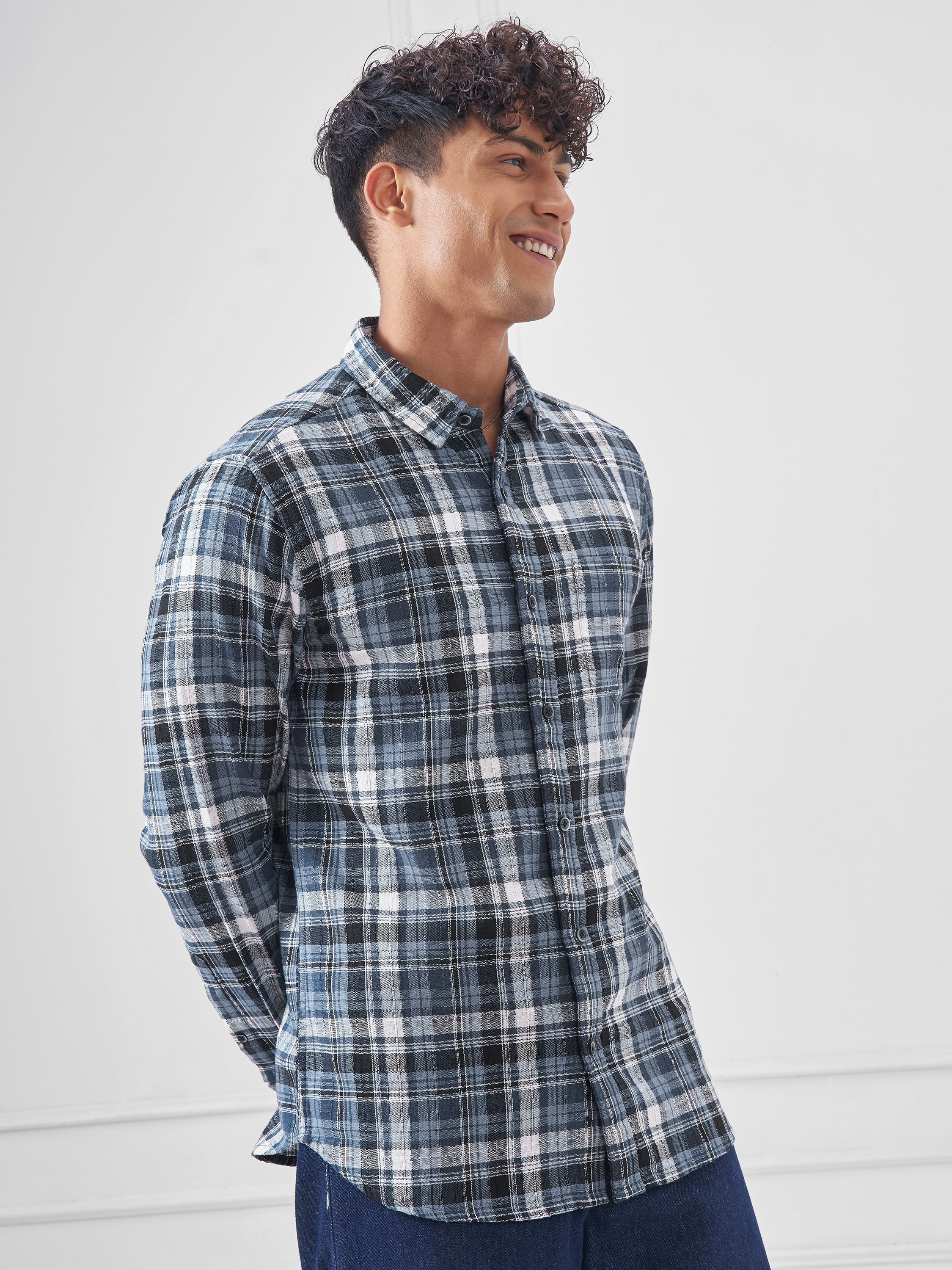 Highlander Men Blue Checked Slim Fit Casual Shirt - Blue - Image 6