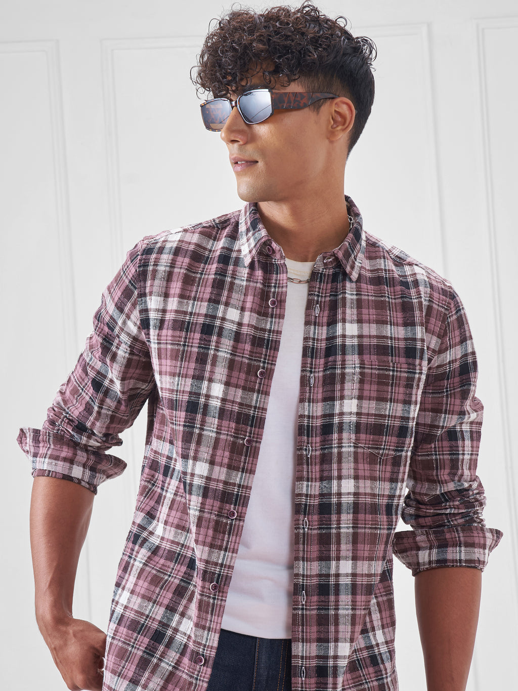 Highlander Men Pink Checked Slim Fit Casual Shirt - Pink - Image 1