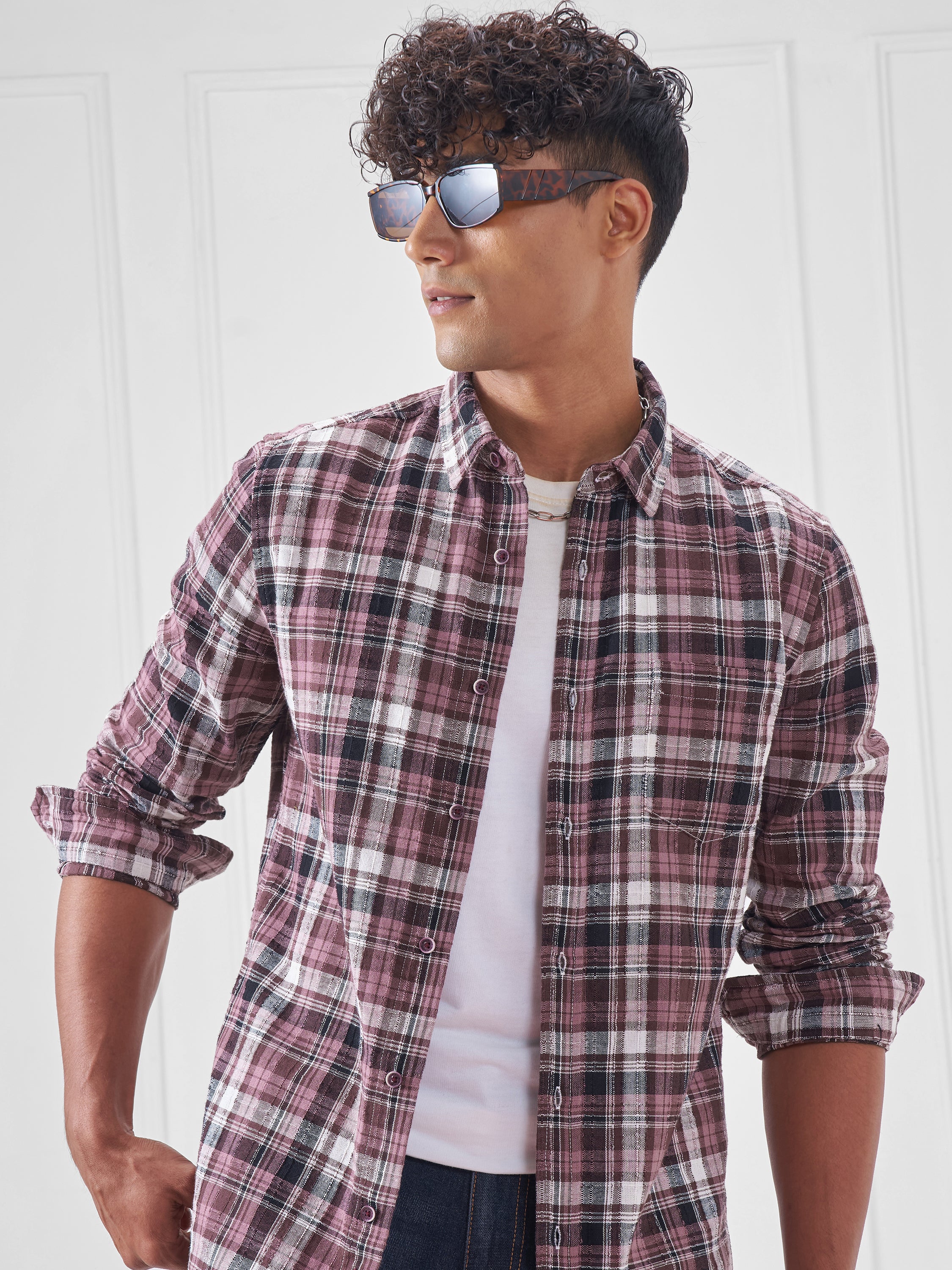 Highlander Men Pink Checked Slim Fit Casual Shirt - Pink - Image 1