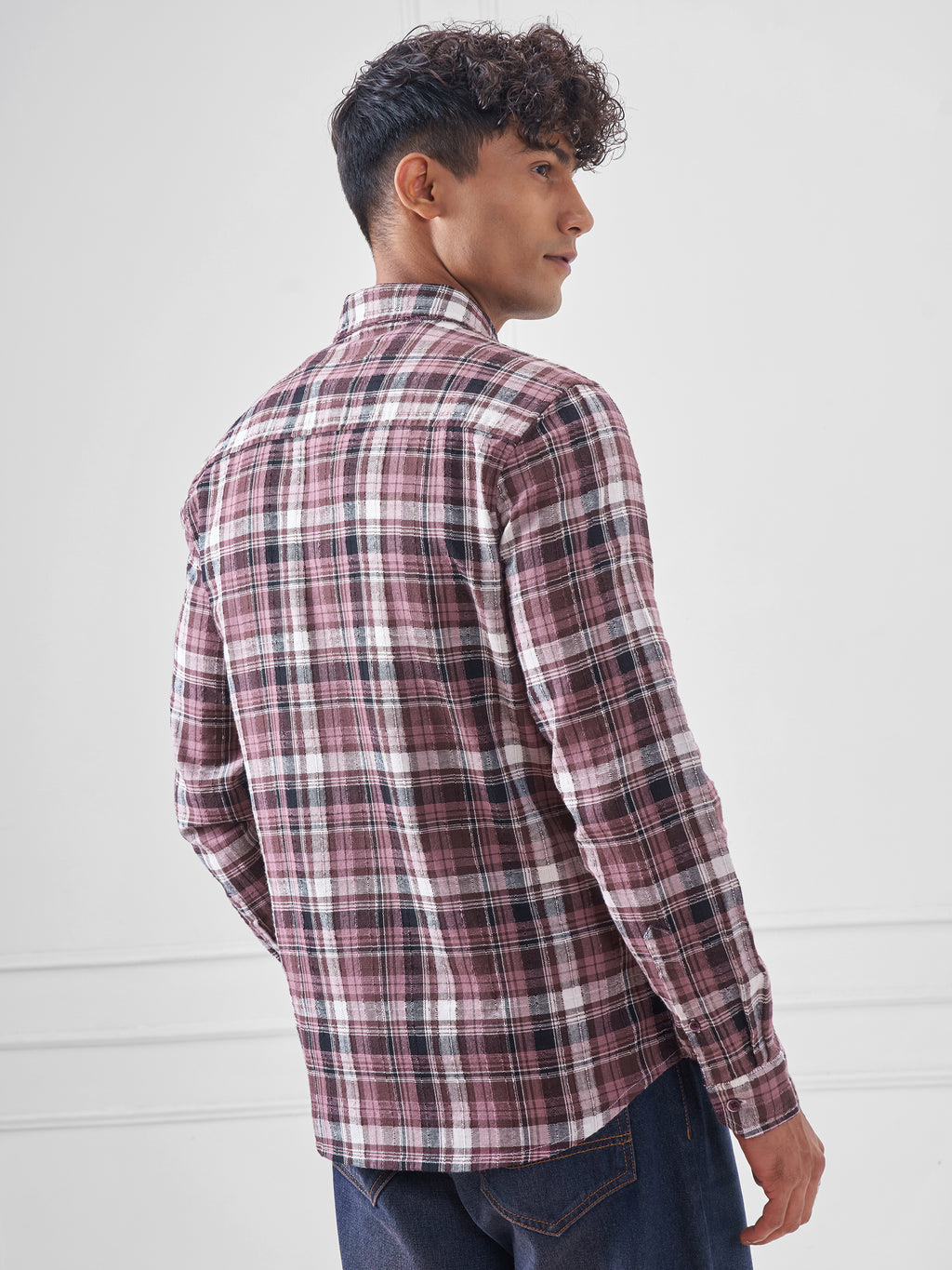 Highlander Men Pink Checked Slim Fit Casual Shirt - Pink - Image 3