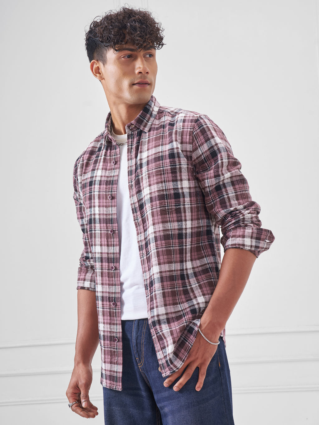 Highlander Men Pink Checked Slim Fit Casual Shirt - Pink - Image 4