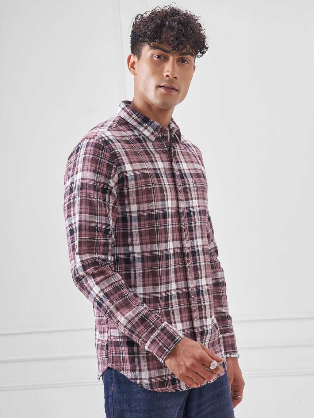 Highlander Men Pink Checked Slim Fit Casual Shirt - Pink - Image 6