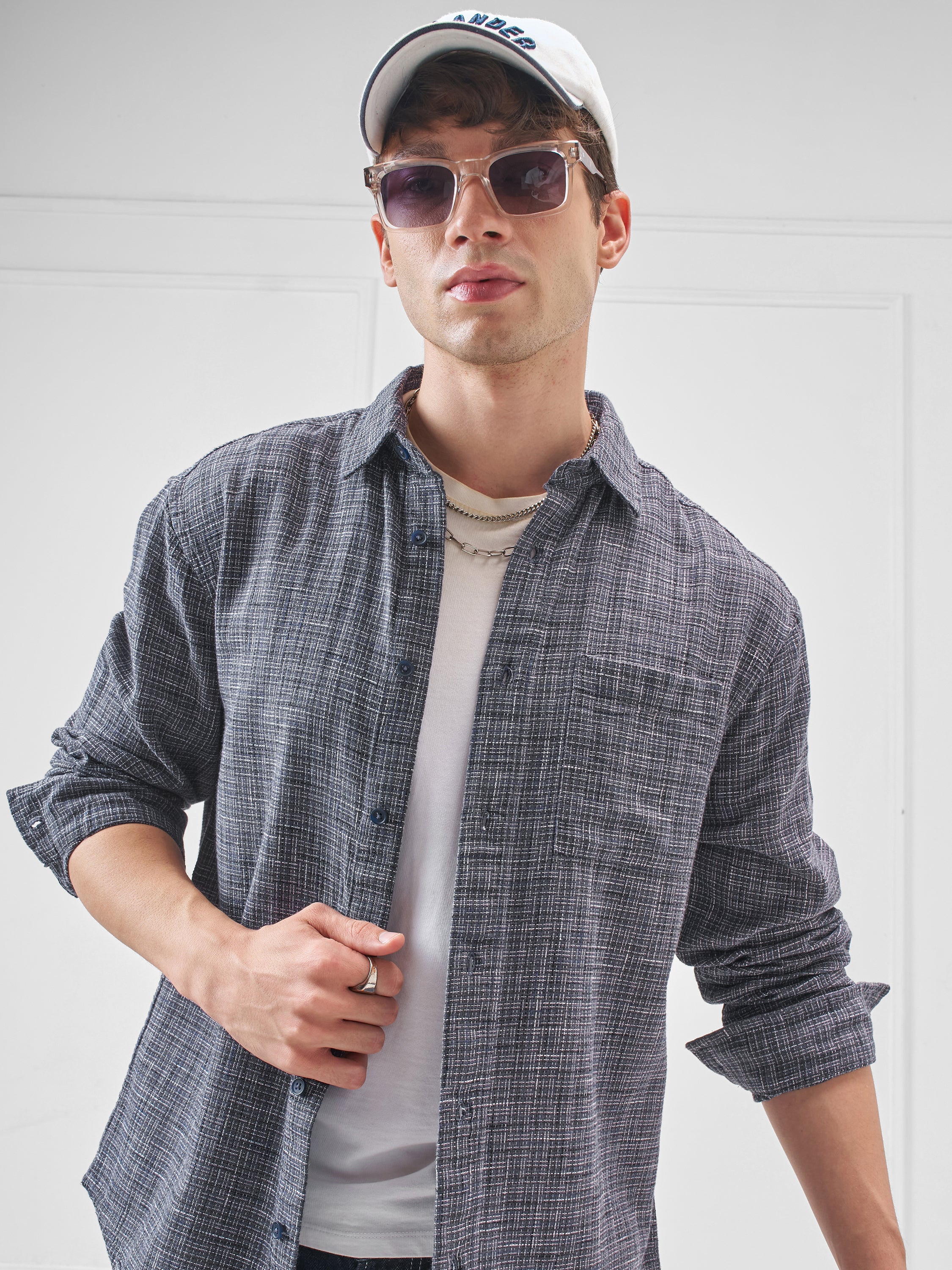 Highlander Men Grey Self Design Relaxed Fit Casual Shirt - Grey - Image 1