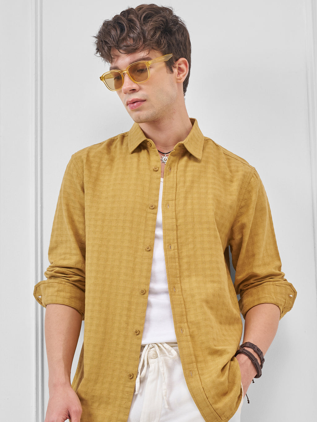 Highlander Men Mustard Self Design Relaxed Fit Casual Shirt - Mustard - Image 1