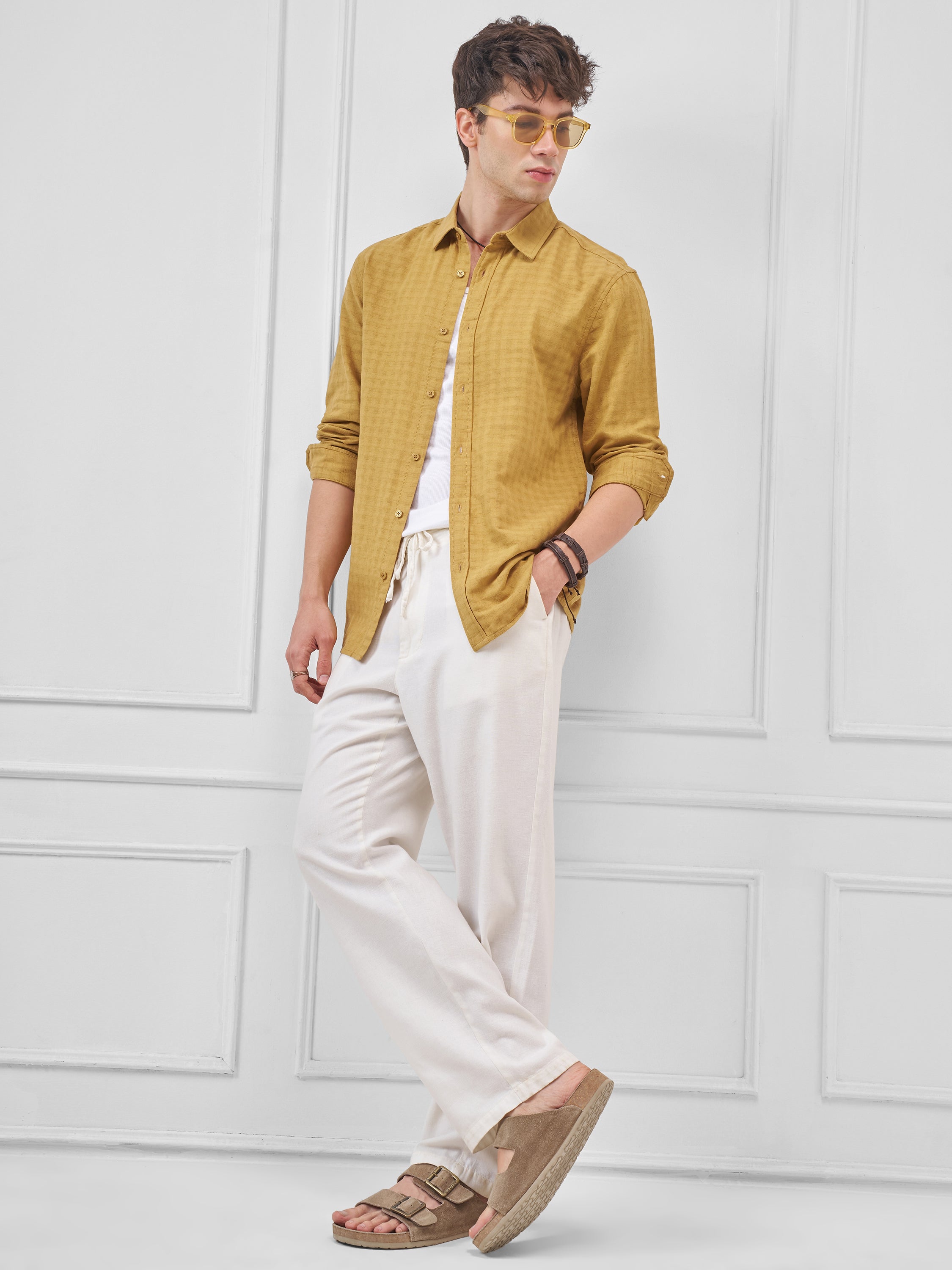 Highlander Men Mustard Self Design Relaxed Fit Casual Shirt - Mustard - Image 2